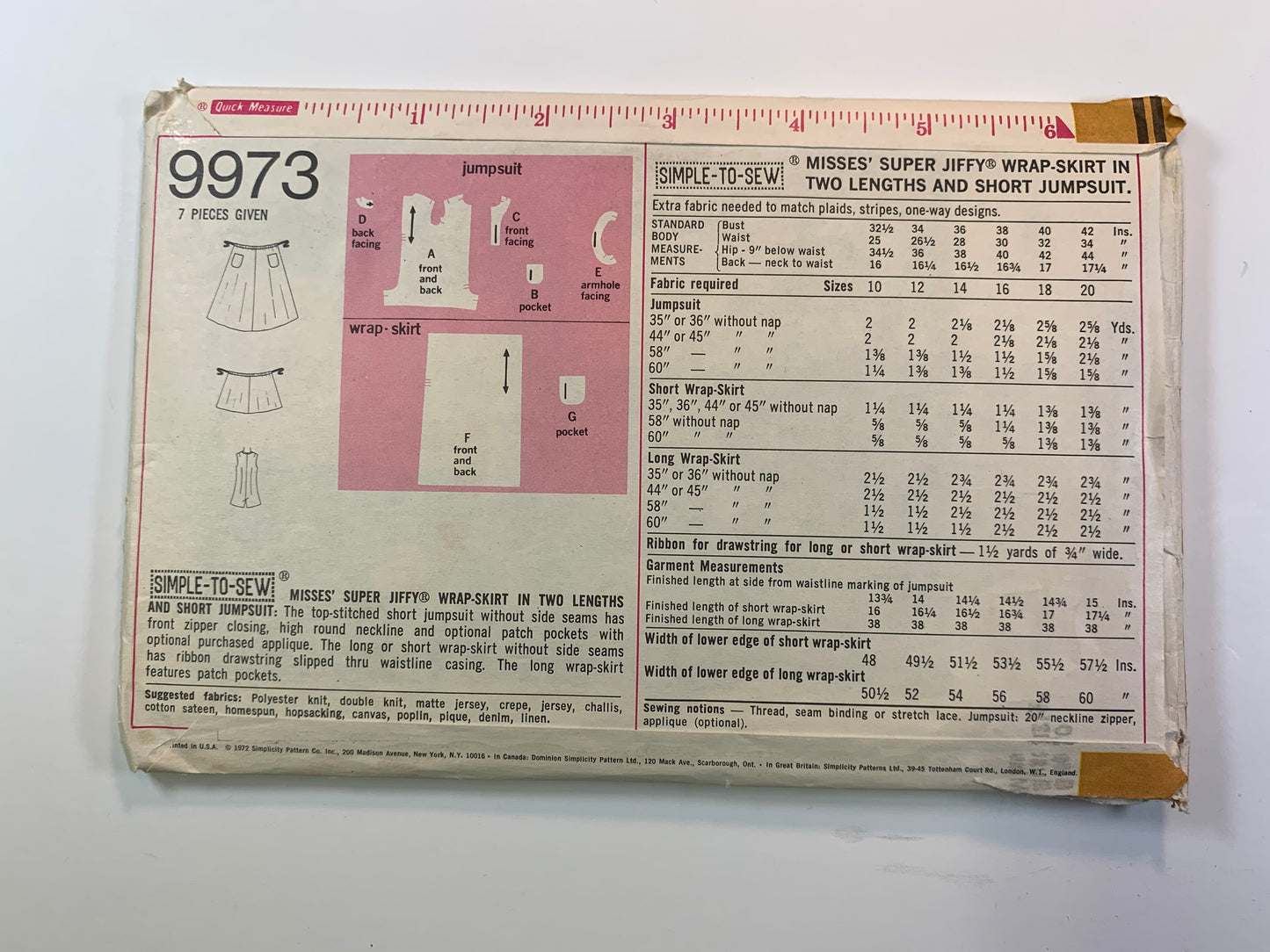 Simplicity 9973 Jiffy Misses' Wrap Skirt, Short Jumpsuit, Size 10, Uncut, Vintage 1972