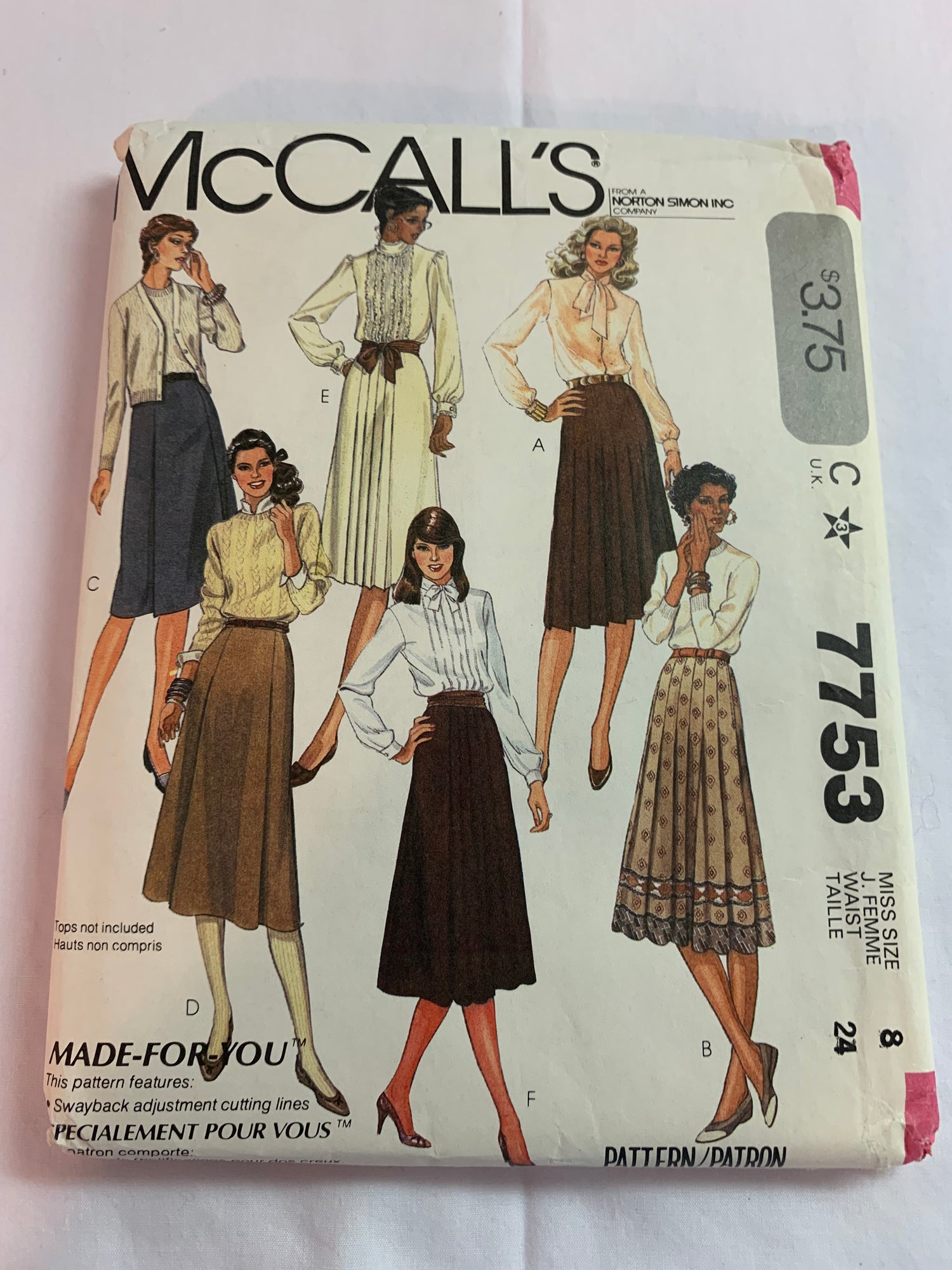 McCall's Sewing Pattern 7753 Misses' Skirt, Two Lengths, Waistline, Back Zipper, Pleats, Size 8-12, Uncut, Vintage 1999