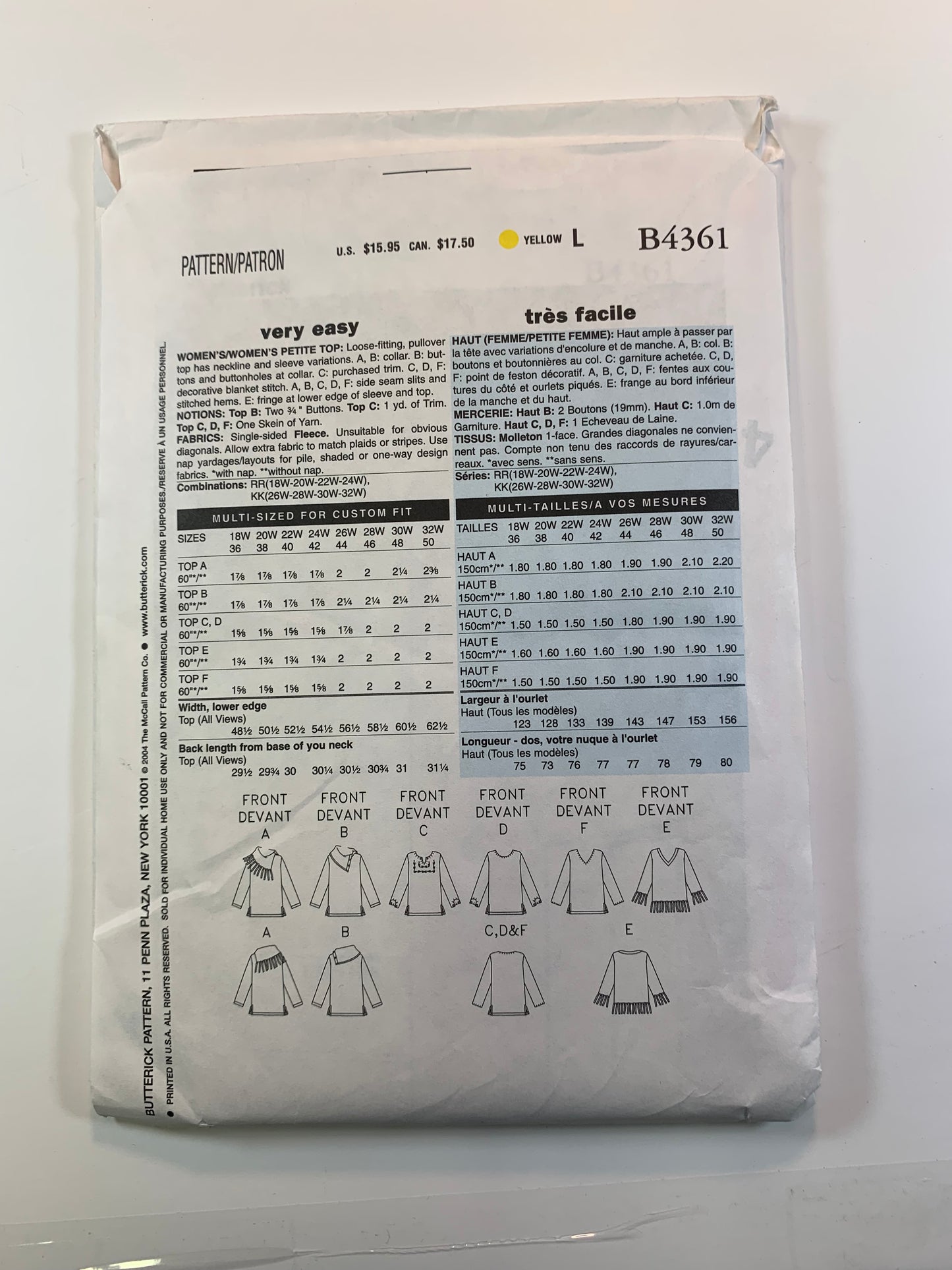 Butterick B4361 Misses'/Miss Petite Top, Size 18W-24, Uncut, 2004