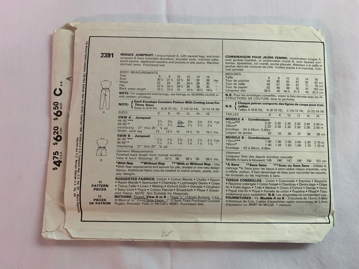 McCall's Sewing Pattern 2391 Misses' Jumpsuit, Sleeveless, Pockets, Two Lengths, Shoulder Pads, Size 6-10, Uncut, Vintage 1986
