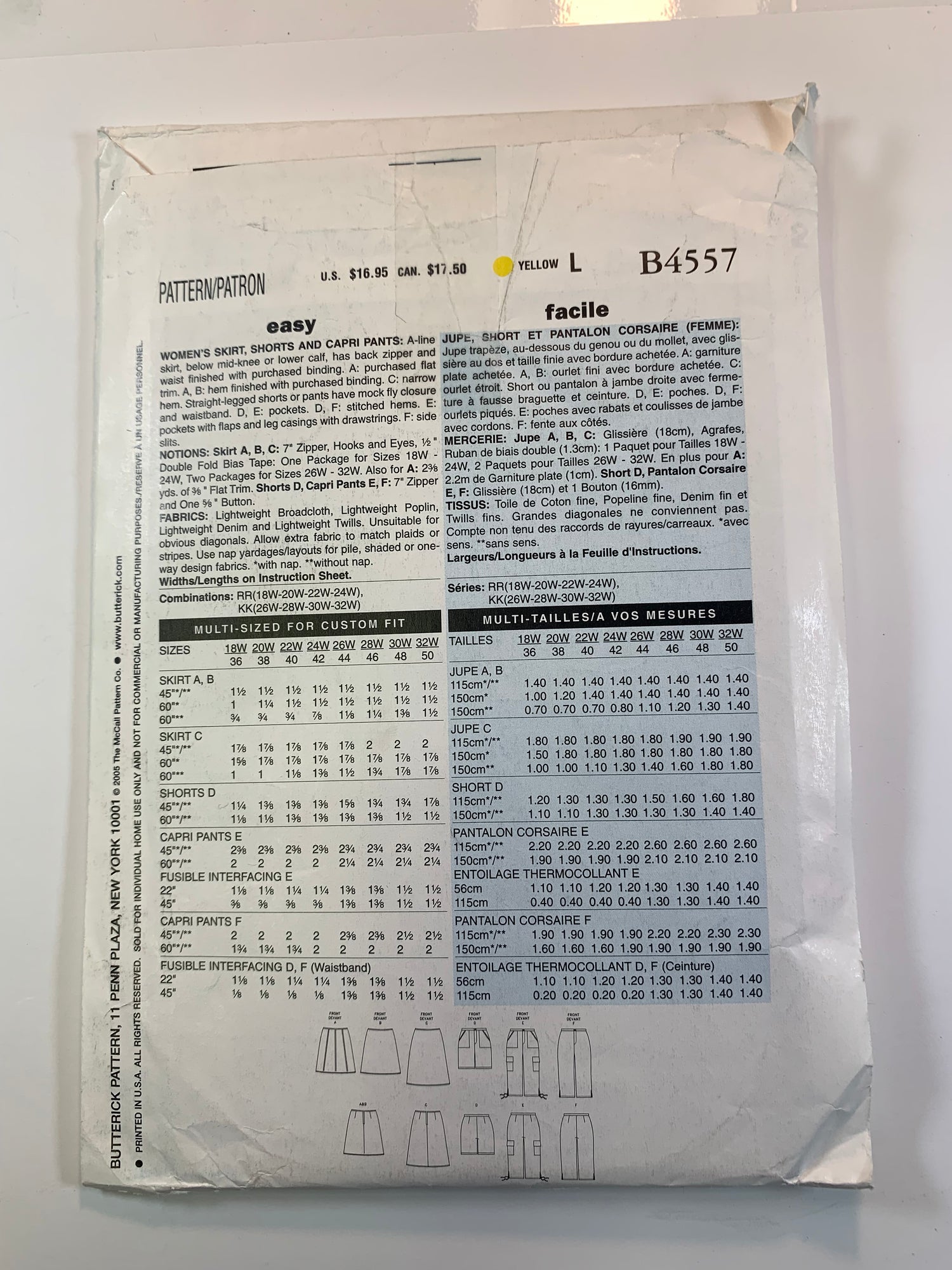 Butterick B4557 Misses' Skirt, Shorts, Capris, Size 26W-32W, Uncut, 2005