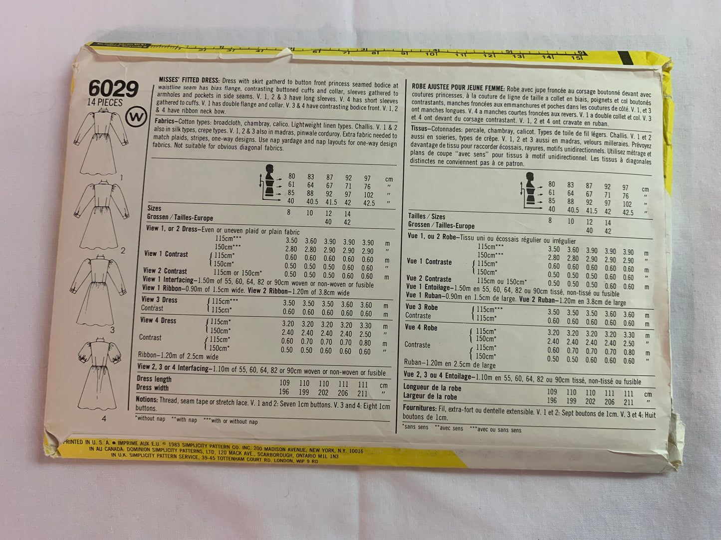 Simplicity Sewing Pattern 6029 Misses' Dresses, Long Sleeves, Princess Seams, Collar, Pockets, Size 8, Uncut, Vintage 1983