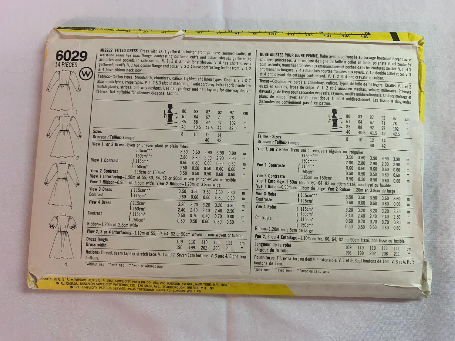 Simplicity Sewing Pattern 6029 Misses' Dresses, Long Sleeves, Princess Seams, Collar, Pockets, Size 8, Uncut, Vintage 1983