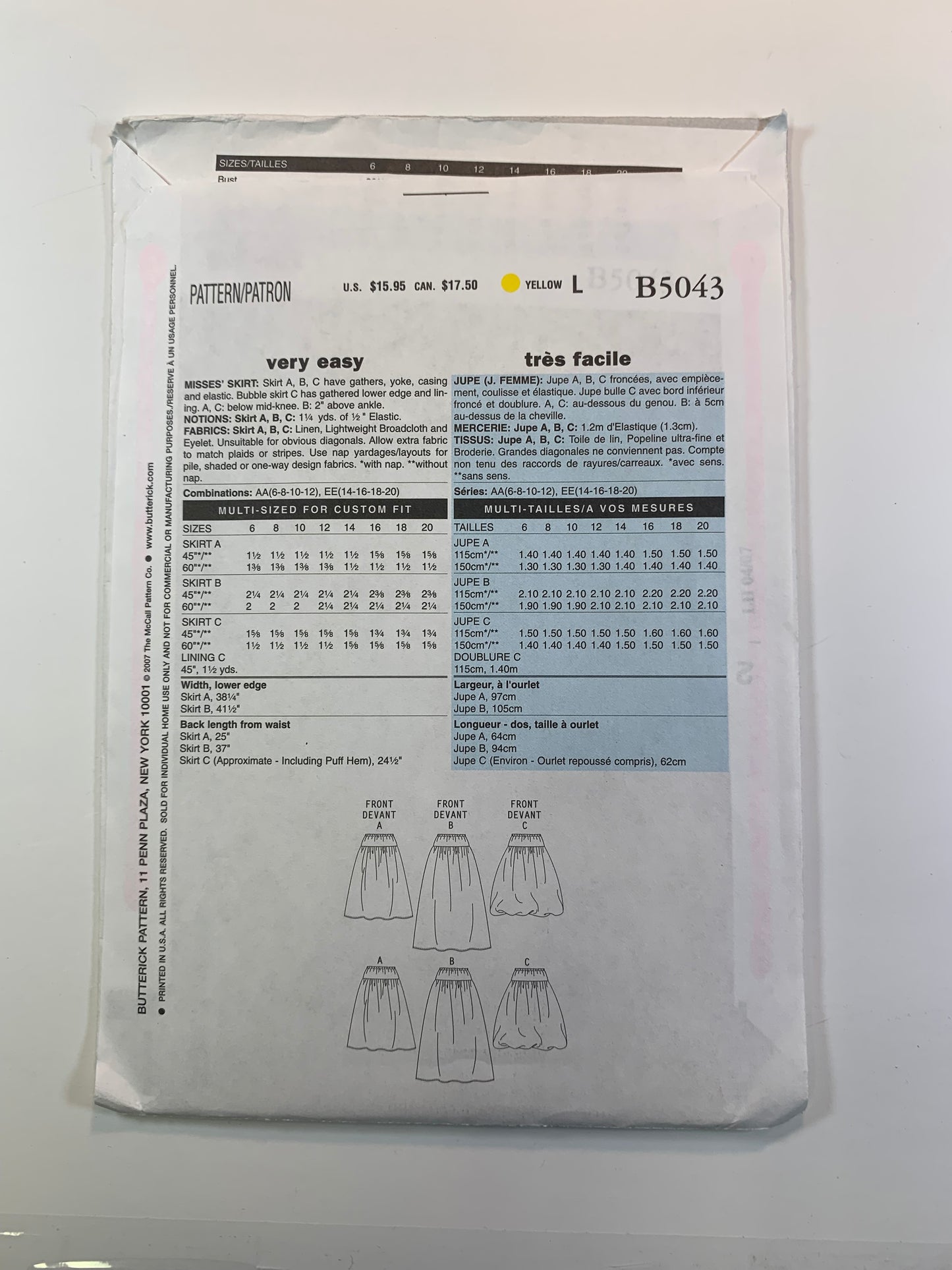 Butterick B5043 Misses' Skirts, Size 6-12, Uncut, 2007