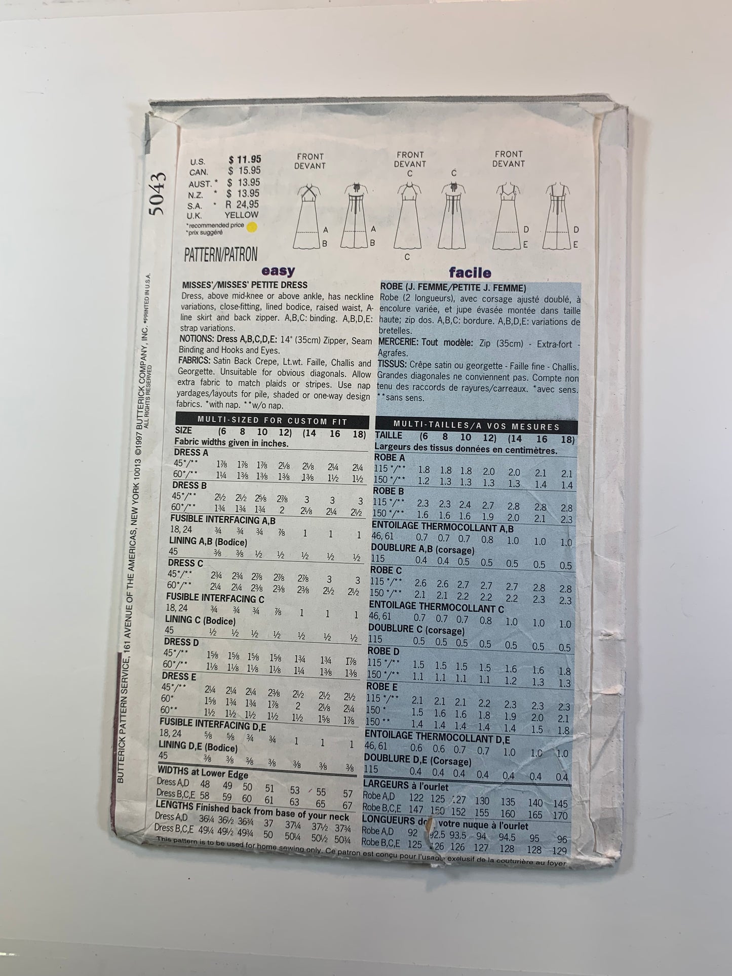Butterick 5043 Misses'/Miss Petite, Dress, Size 6-12, Cut, Vintage 1997