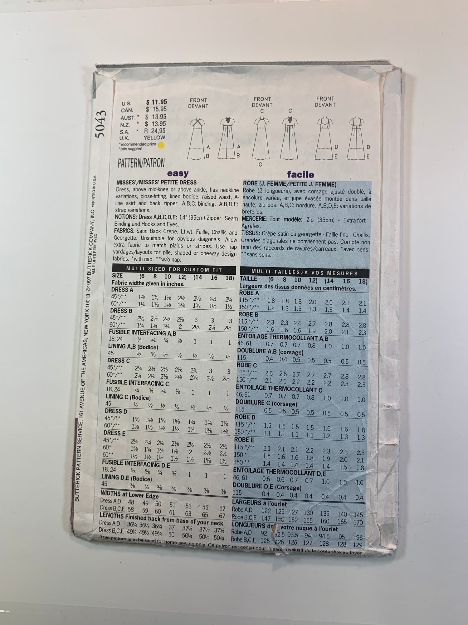 Butterick 5043 Misses'/Miss Petite, Dress, Size 6-12, Cut, Vintage 1997
