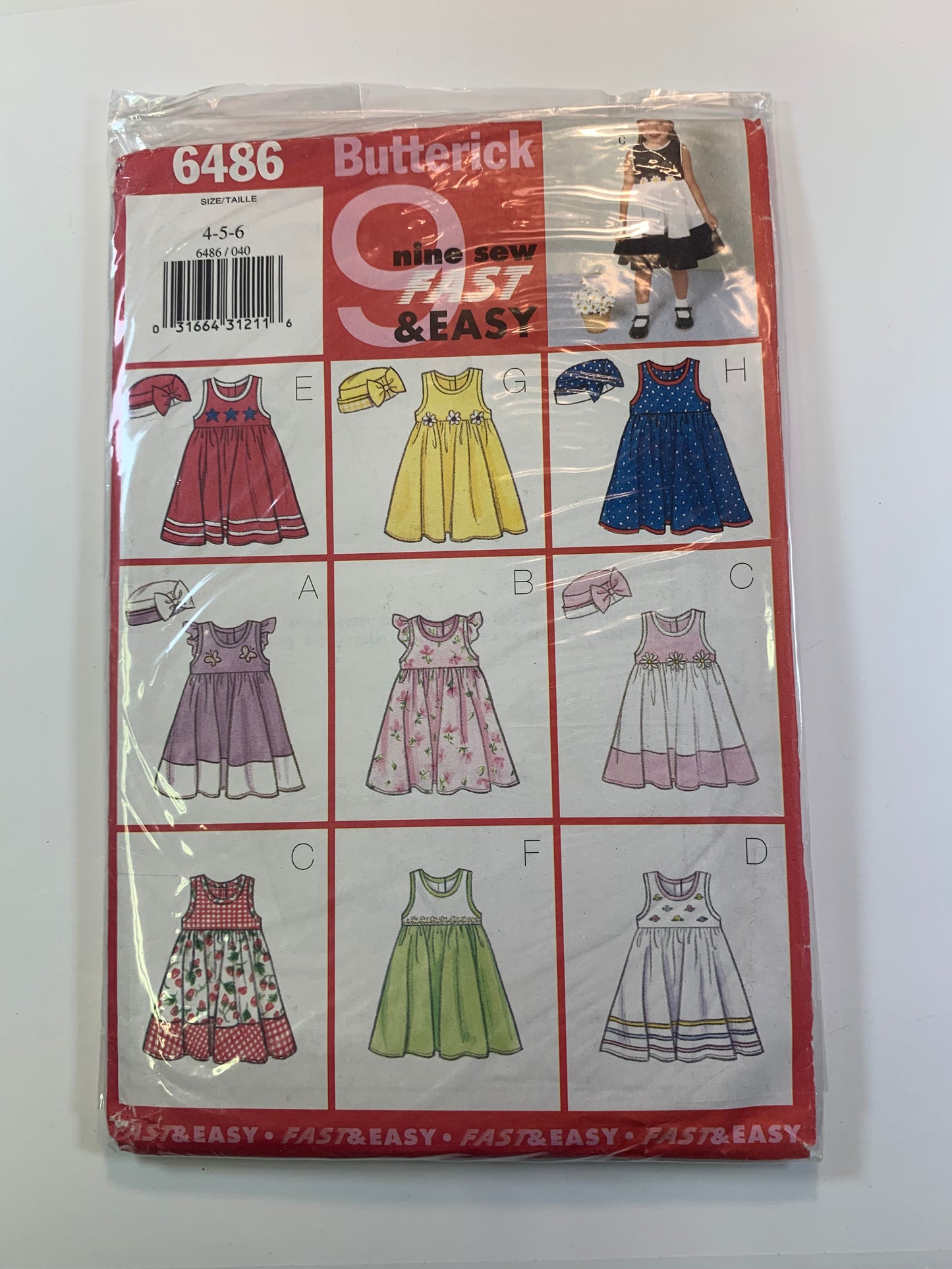 Butterick 6486 Girls' Dress, Hat, Size 4-6, Uncut, Vintage 1999