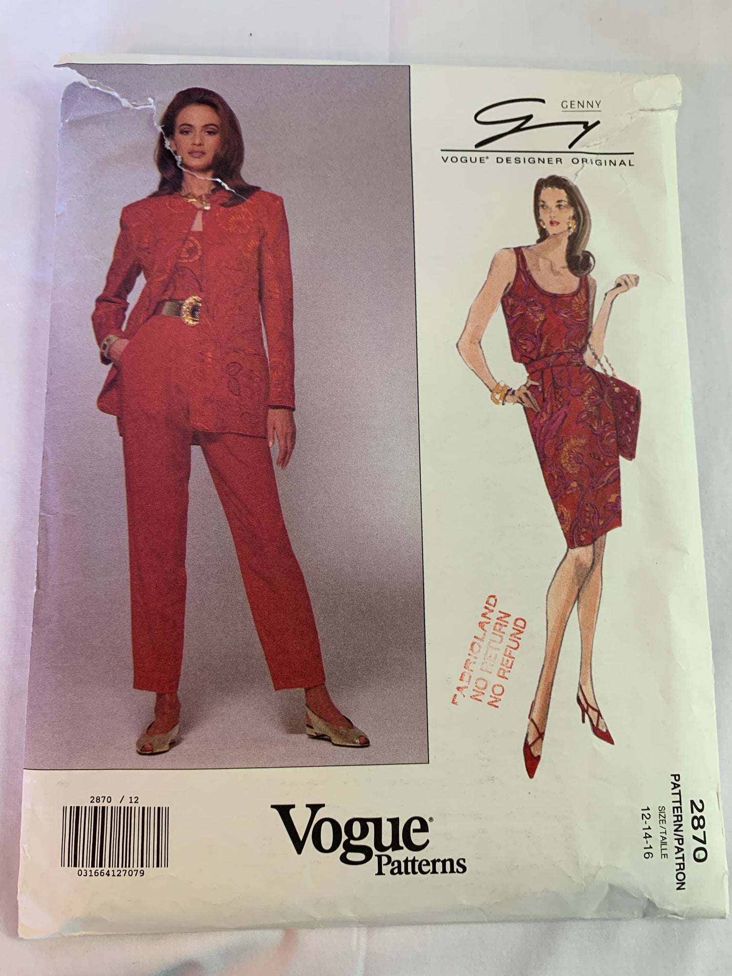 Vogue Genny Sewing Pattern 2870 Misses'/Misses' Petite Jacket, Top, Skirt, Pants, Loose-Fitting, Unlined, Pockets, Fitted, Sleeveless, Size 12-16, Uncut, Vintage 1992