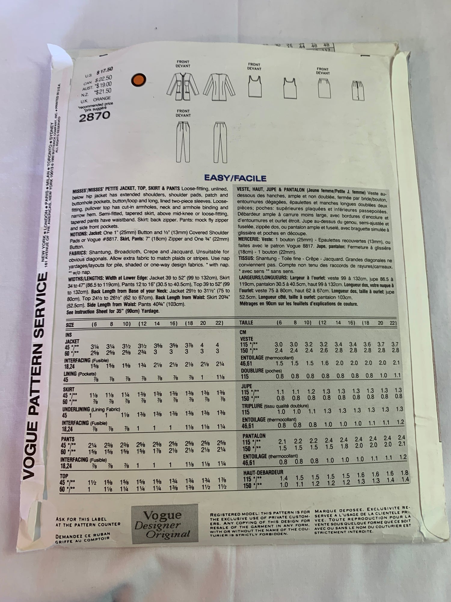 Vogue Genny Sewing Pattern 2870 Misses'/Misses' Petite Jacket, Top, Skirt, Pants, Loose-Fitting, Unlined, Pockets, Fitted, Sleeveless, Size 12-16, Uncut, Vintage 1992