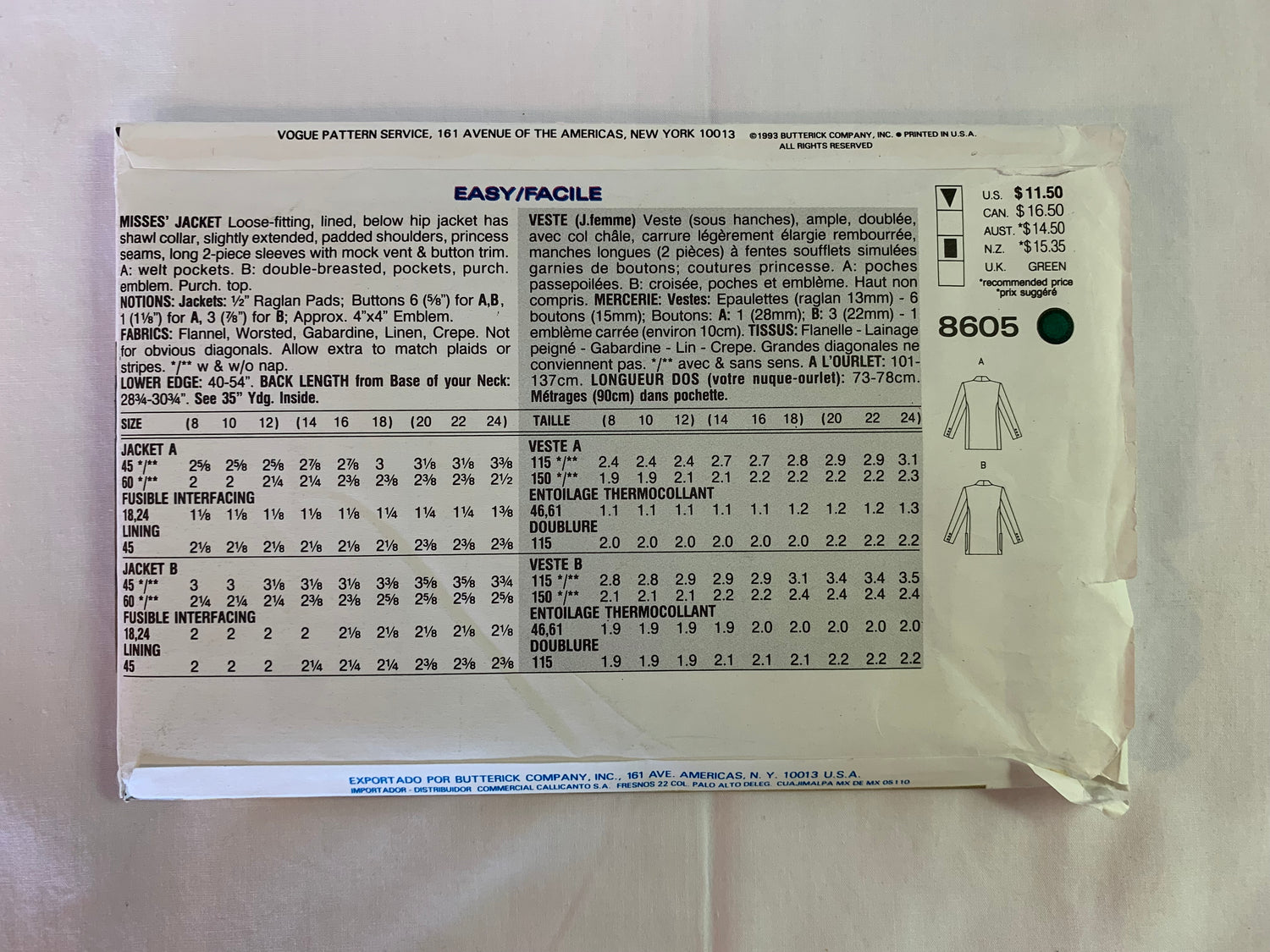 Vogue Sewing Pattern 8605 Misses' Jacket, Loose-Fitting, Lined, Pockets, Double Breasted, Princess Seams, Size 8-12, Uncut, Vintage 1993