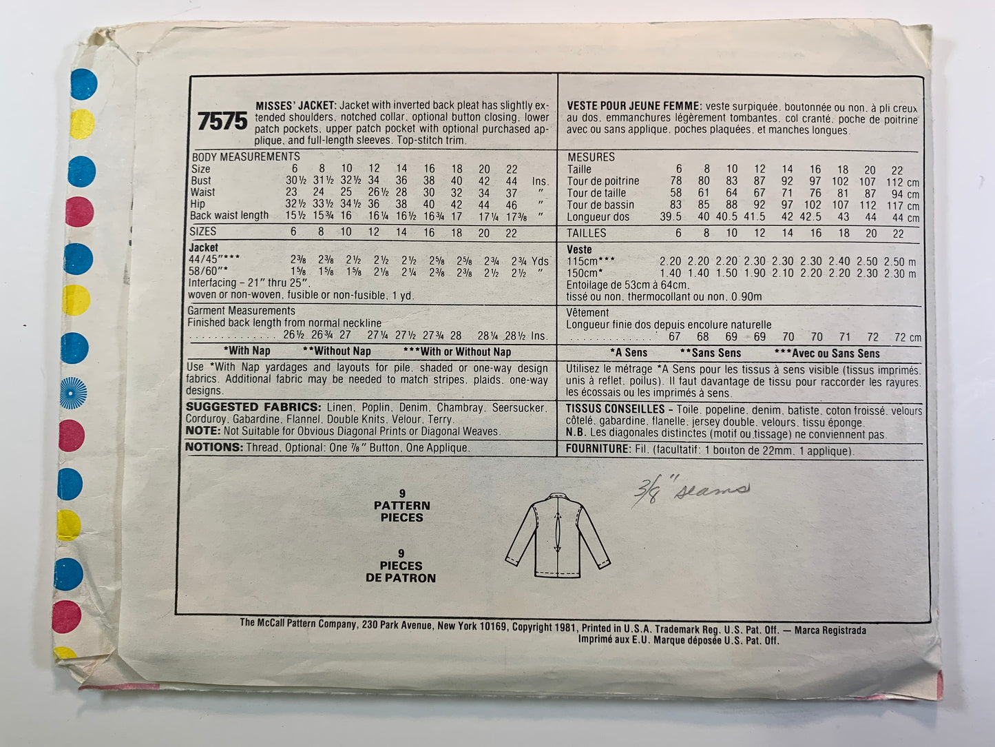 McCall's 7575 Misses' Jacket, Size 8, Cut, Vintage 1981