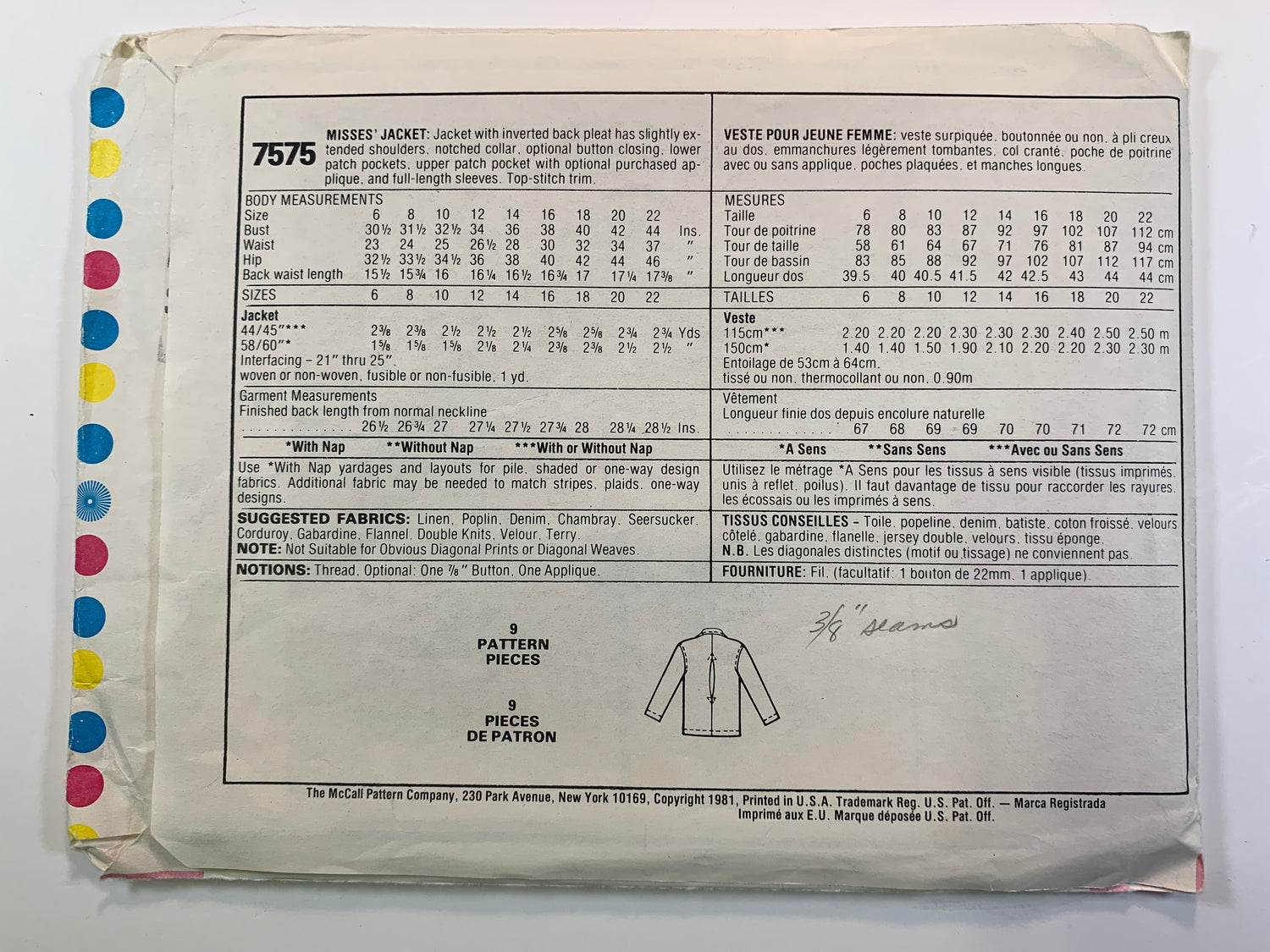 McCall's 7575 Misses' Jacket, Size 8, Cut, Vintage 1981