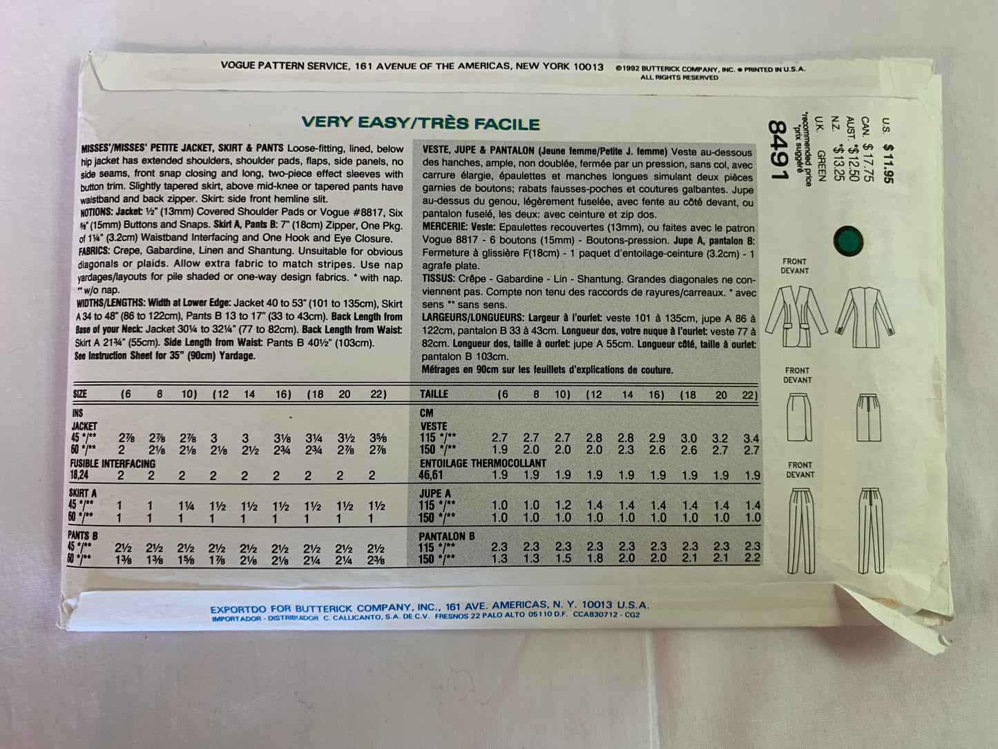 Vogue Sewing Pattern 8491 Misses'/Misses' Petite Jacket, Skirt, Pants, Loose-Fitting, Lined, Shoulder Pads, Tapered, Zipper Back, Size 12-16, Uncut, Vintage 1992