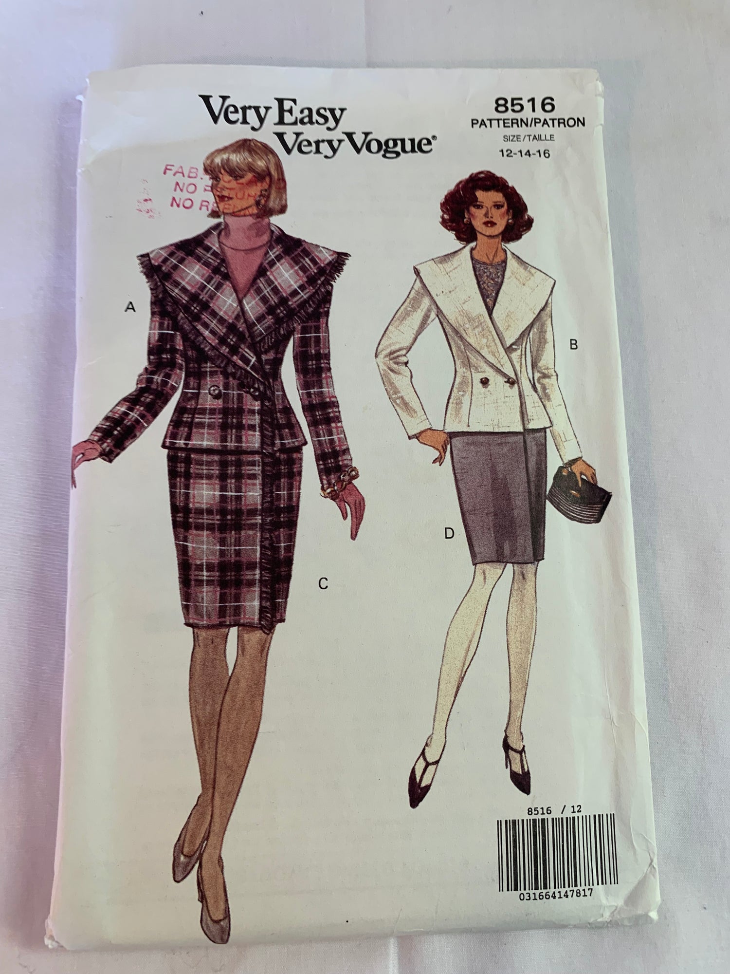 Vogue Sewing Pattern 8516 Misses' Jacket, Skirt, Loose-Fitting, Unlined, Double Breasted, Pockets, Shoulder Pads, Long Sleeves, Size 12-14, Uncut, Vintage 1992