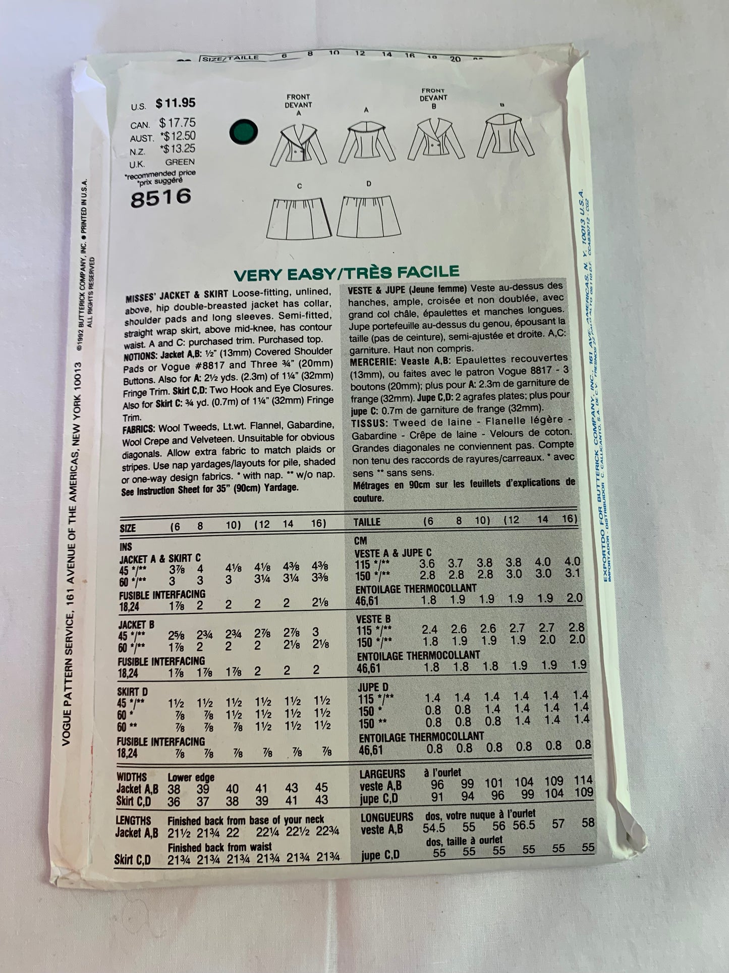 Vogue Sewing Pattern 8516 Misses' Jacket, Skirt, Loose-Fitting, Unlined, Double Breasted, Pockets, Shoulder Pads, Long Sleeves, Size 12-14, Uncut, Vintage 1992