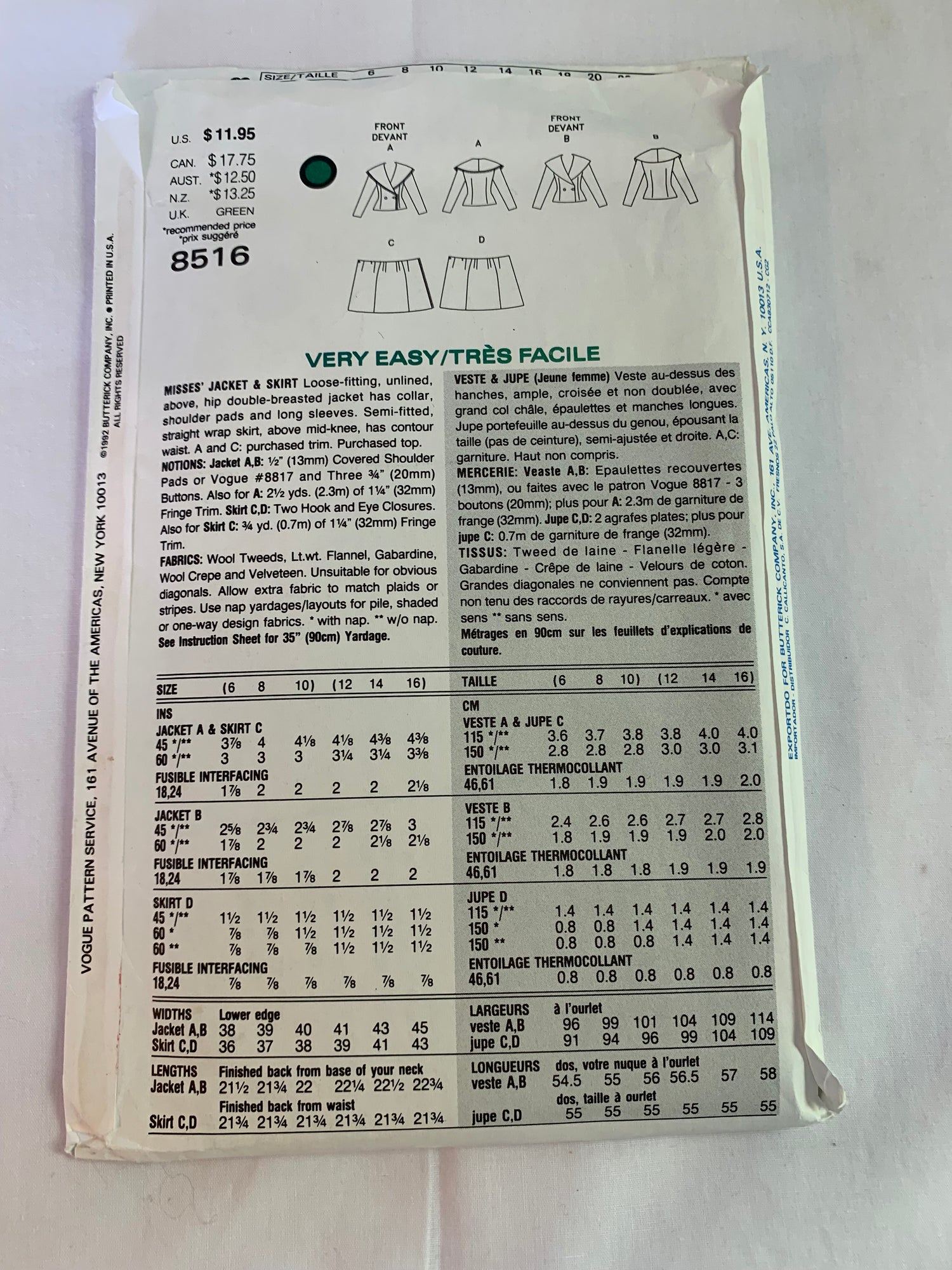 Vogue Sewing Pattern 8516 Misses' Jacket, Skirt, Loose-Fitting, Unlined, Double Breasted, Pockets, Shoulder Pads, Long Sleeves, Size 12-14, Uncut, Vintage 1992