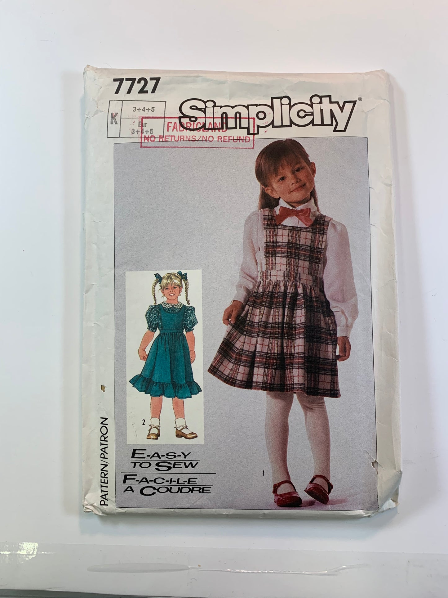 Simplicity 7277 Girls' Blouse, Jumper, Size 3-5, Uncut, Vintage 1986