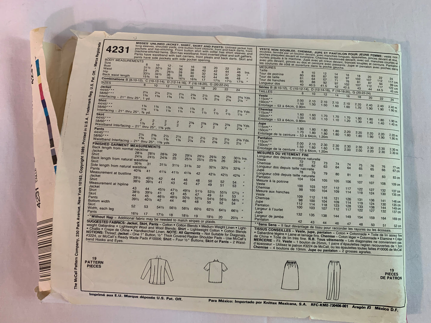McCall's Sewing Pattern 4231 Misses' Unlined Jacket, Shirt, Skirt, Pants, Long/Short Sleeves, Size 8-12, Uncut, Vintage 1989