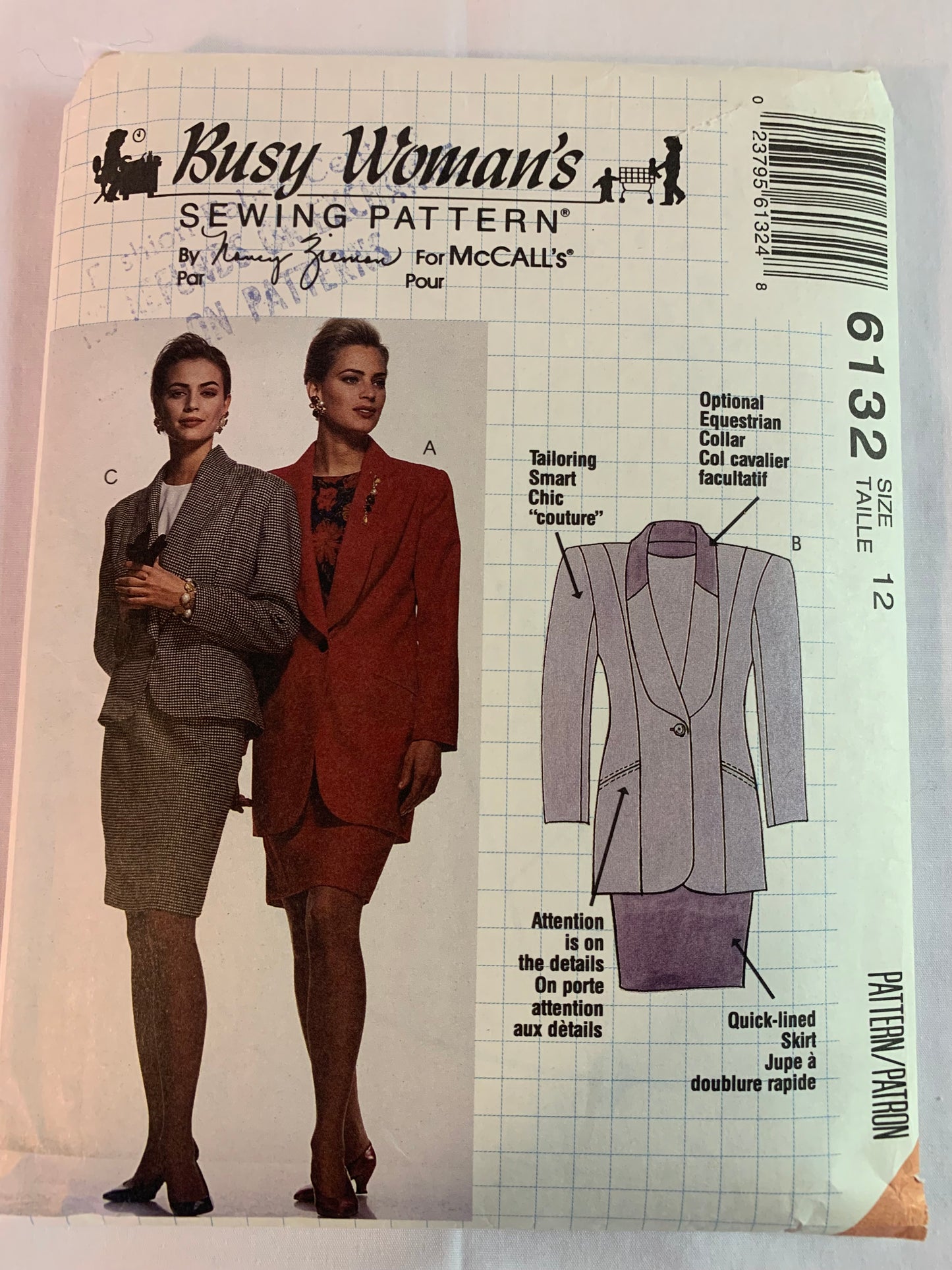 McCall's Nancy Zieman Sewing Pattern 6132 Misses' Lined Jacket, Two Lengths, Top, Lined Skirt, Princess Seams, Collar, Shoulder Pads, Size 12, Uncut, Vintage 1992