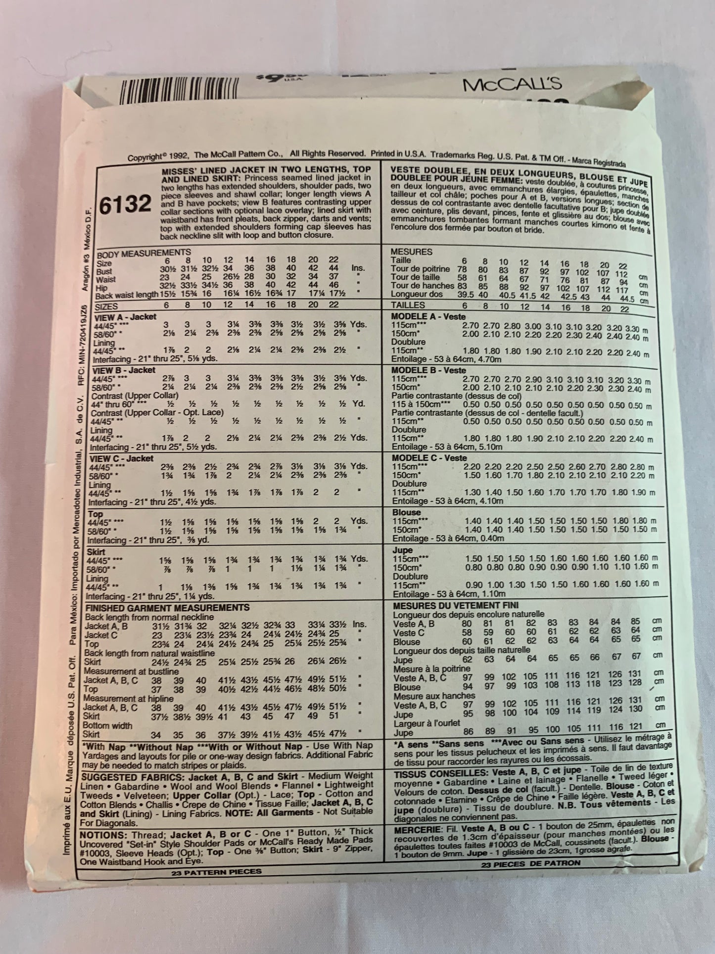 McCall's Nancy Zieman Sewing Pattern 6132 Misses' Lined Jacket, Two Lengths, Top, Lined Skirt, Princess Seams, Collar, Shoulder Pads, Size 12, Uncut, Vintage 1992