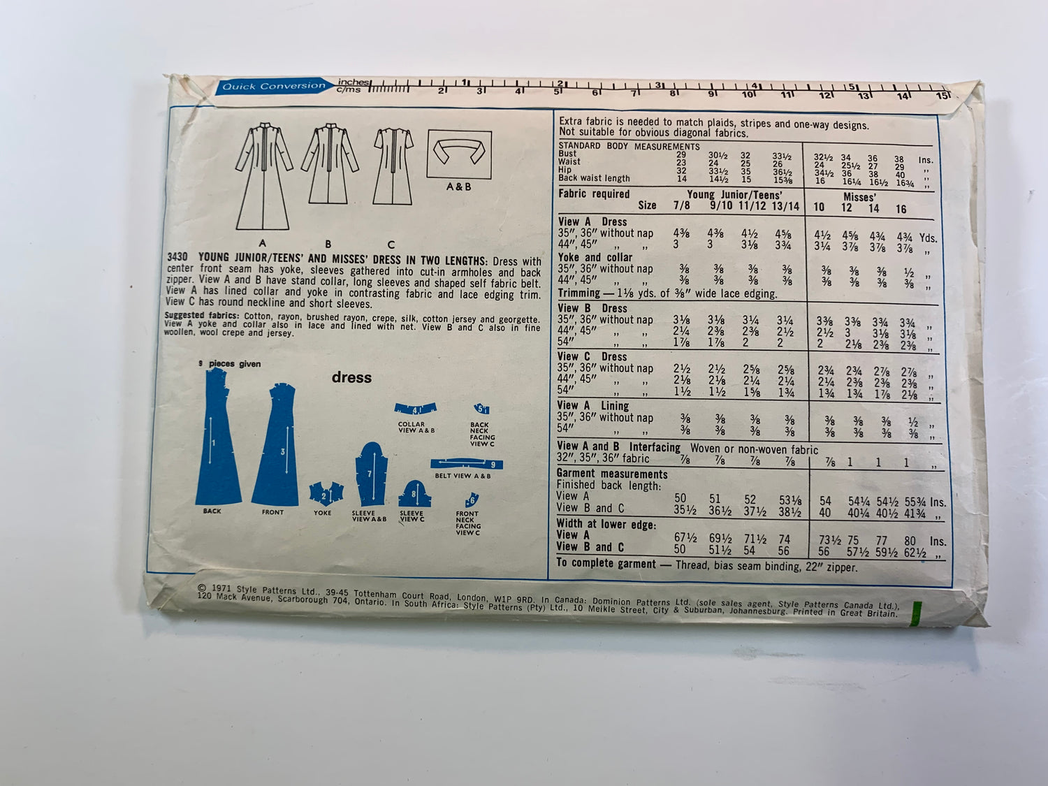 Style 3430 Misses' Dress, Size 14, Cut, Vintage 1971