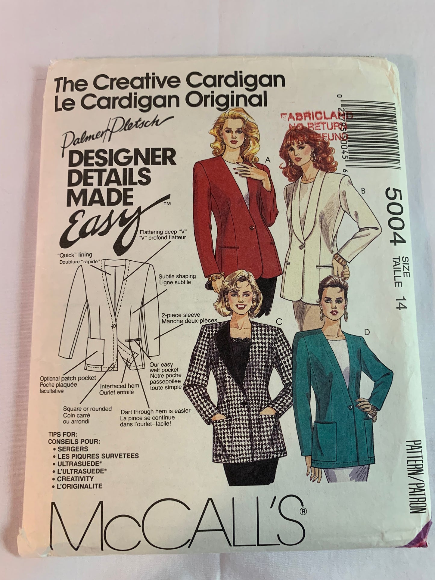 McCall's Palmer Pletsch Sewing Pattern 5004 Misses' Lined Cardigan, Pockets, Button Front, Size 14, Uncut, Vintage 1990