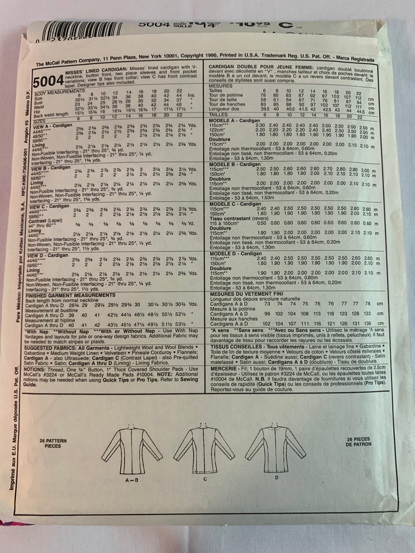 McCall's Palmer Pletsch Sewing Pattern 5004 Misses' Lined Cardigan, Pockets, Button Front, Size 14, Uncut, Vintage 1990