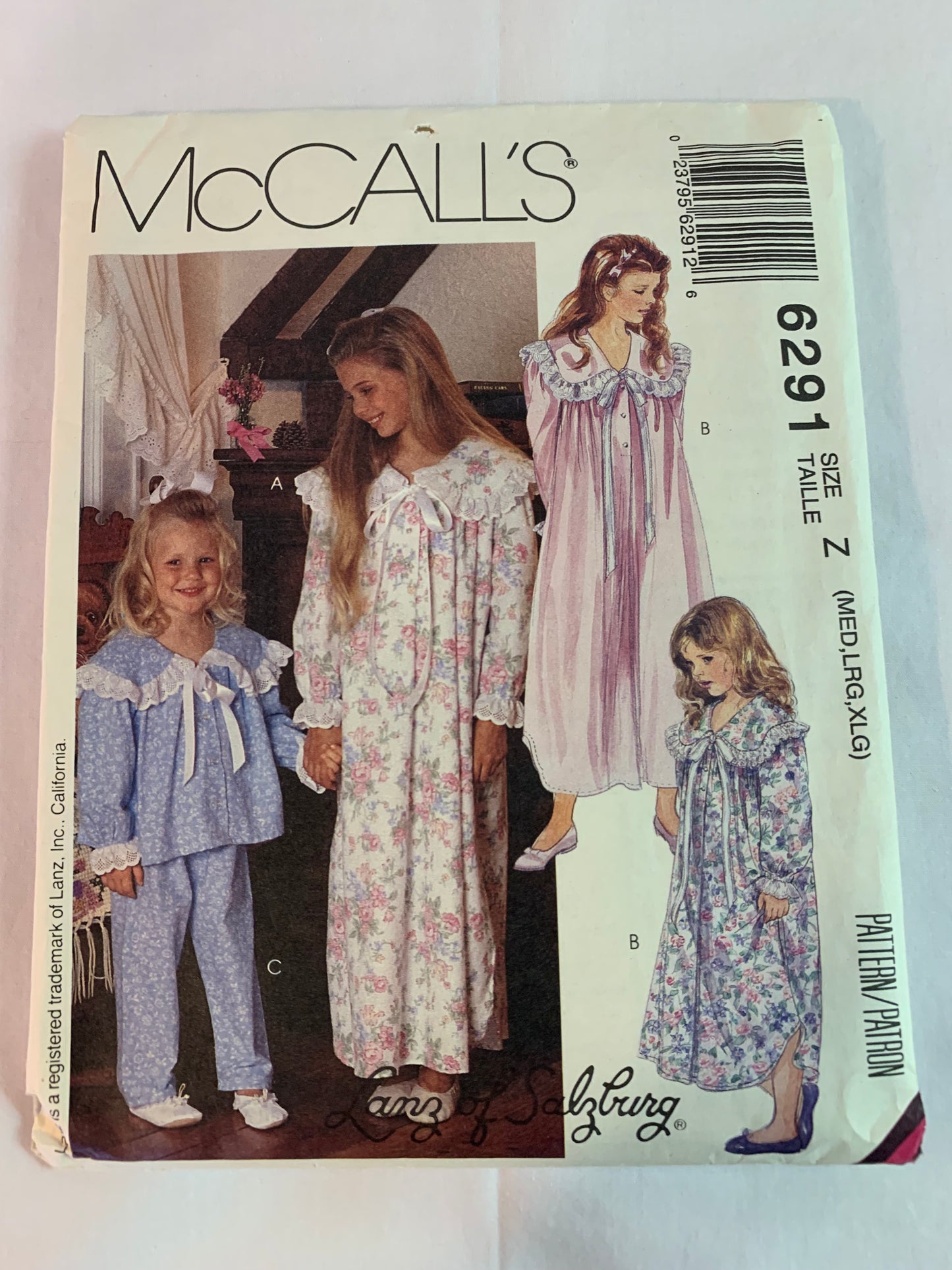 McCalls Sewing Pattern 6291 Girls' Nightgown, Button Front, Elastic Waist, Nightshirt, Pants, Tops, Robe, Sleepwear, Long Sleeves, Size 7-14, Uncut, Vintage 1992