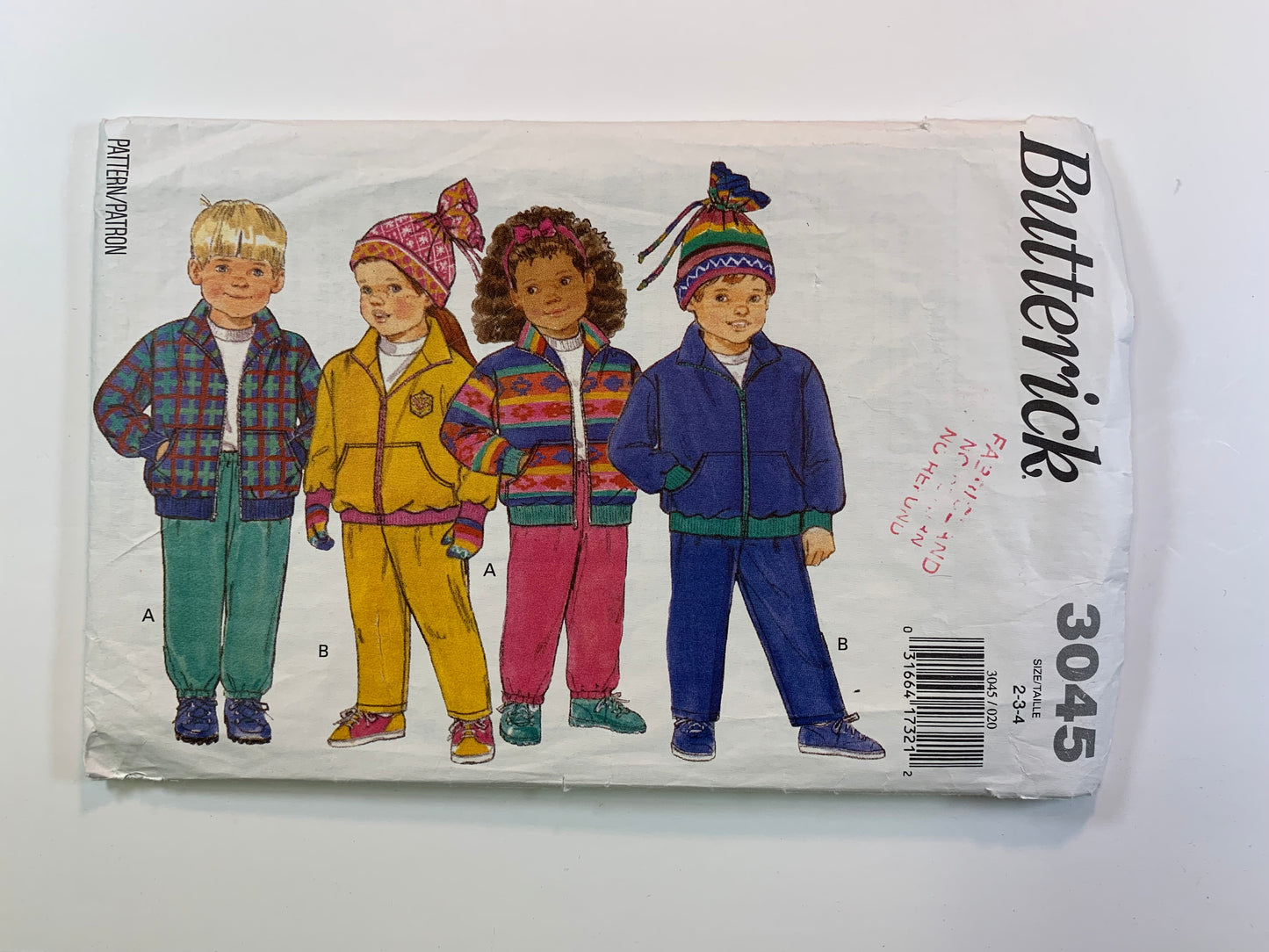 Butterick Sewing Pattern 3045 Girls' Pants, Jacket, Hat, Zipper Front, Pockets, Elastic Waist, Size 2-4, Cut, Vintage 1993