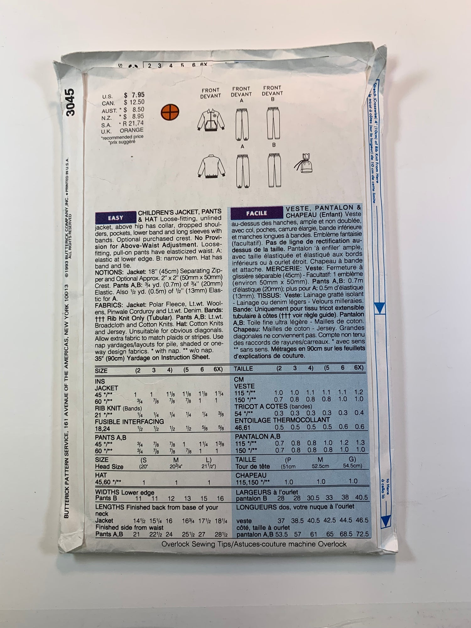 Butterick Sewing Pattern 3045 Girls' Pants, Jacket, Hat, Zipper Front, Pockets, Elastic Waist, Size 2-4, Cut, Vintage 1993