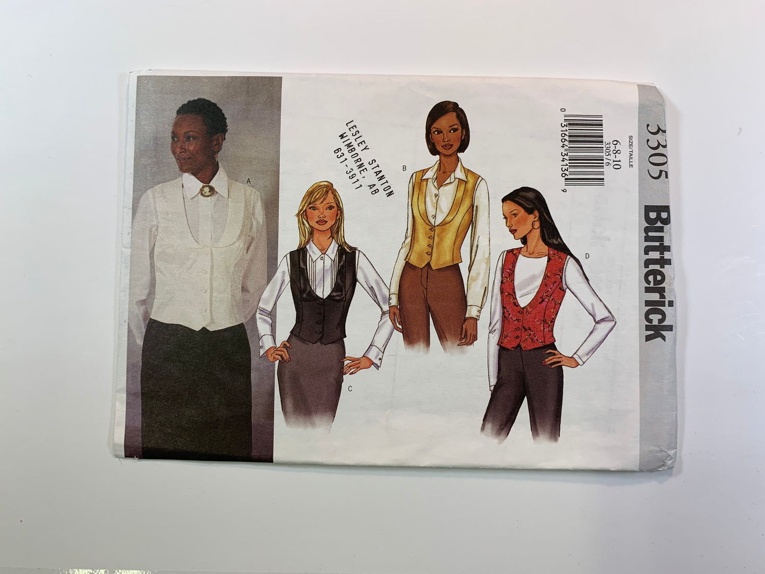 Butterick Sewing Pattern 3305, Misses' Vests, Fitted, Lined, Princess Seams, Lapels, Size 6-10, Uncut, 2001