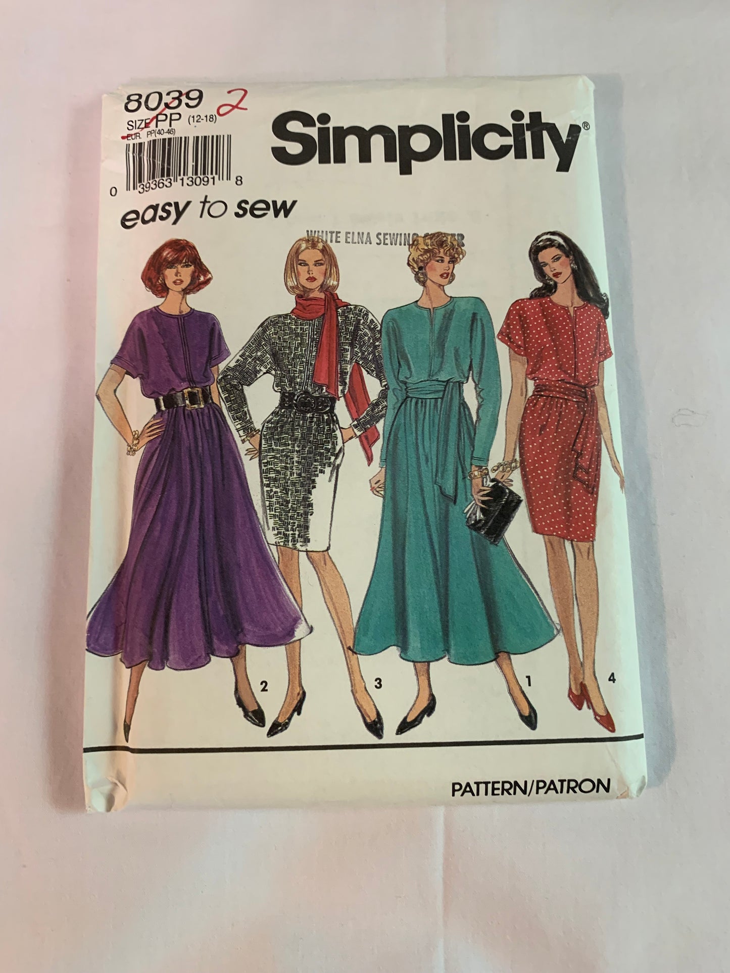 Simplicity Sewing Pattern 8039 Misses'/Miss Petite Dresses, Slim, Flared Skirt, Sash, Pullover, Pockets, Long Kimono Sleeves, Size 12-18, Uncut, Vintage 1996