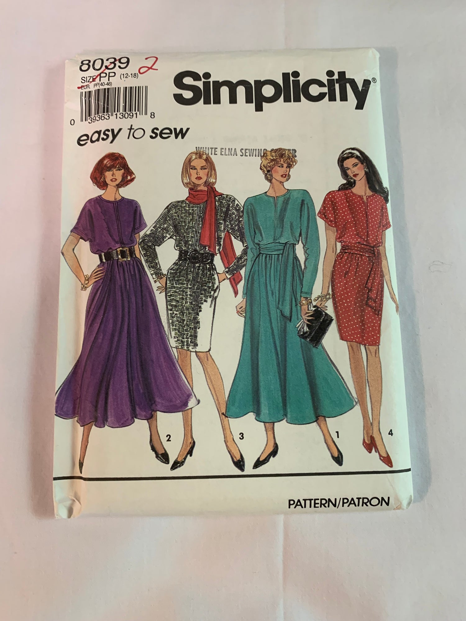 Simplicity Sewing Pattern 8039 Misses'/Miss Petite Dresses, Slim, Flared Skirt, Sash, Pullover, Pockets, Long Kimono Sleeves, Size 12-18, Uncut, Vintage 1996