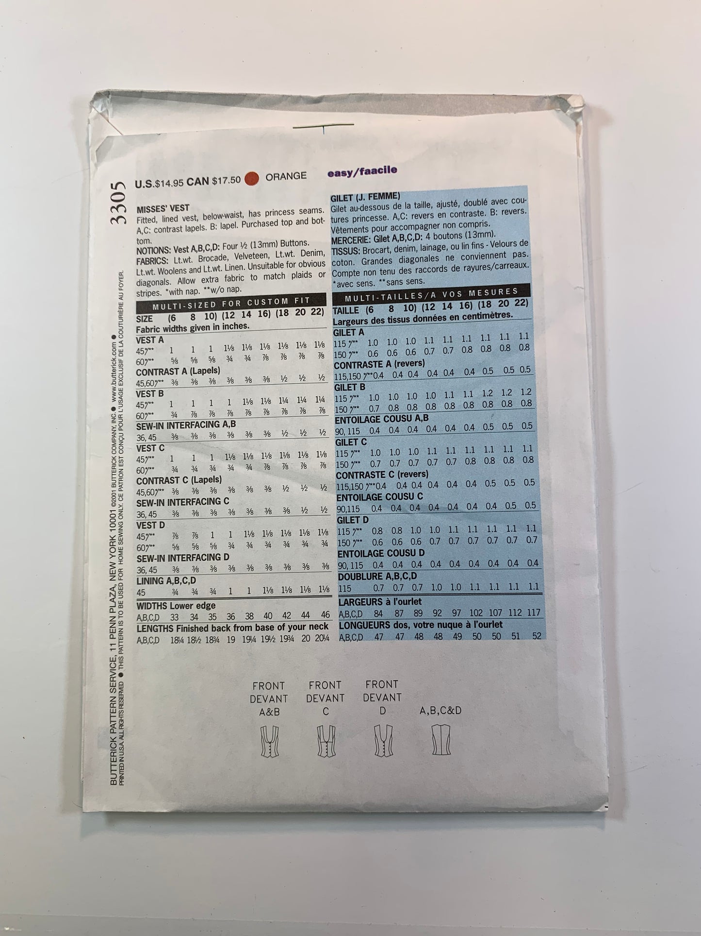 Butterick Sewing Pattern 3305, Misses' Vests, Fitted, Lined, Princess Seams, Lapels, Size 6-10, Uncut, 2001
