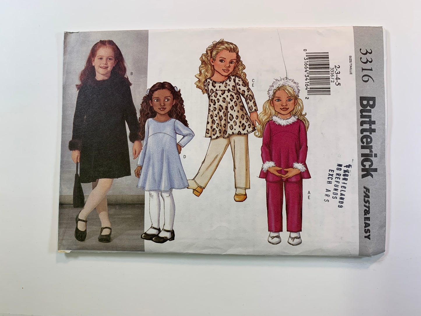 Butterick Sewing Pattern 3316 Girls' Top, Dress, Pants, Semi-Fitted, Button Back, A-Line, Long Sleeves, Size 2-5, Uncut, 2001