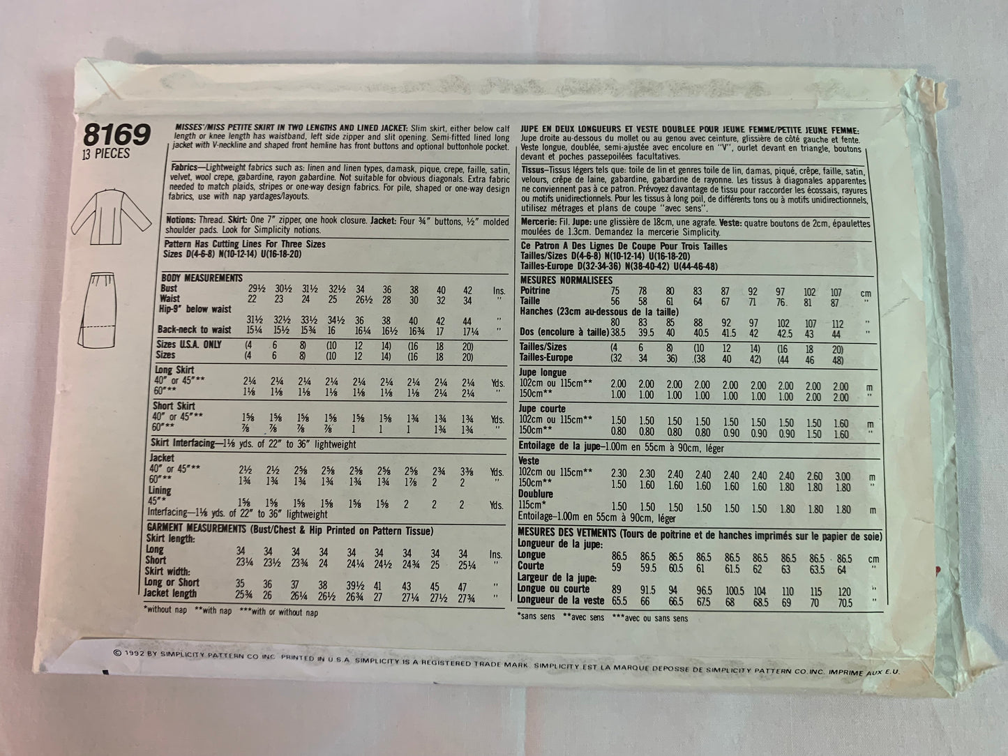 Simplicity Sewing Pattern 8169 Misses'/Miss Petite Skirt, Lined Jacket, Semi-Fitted, Side Zipper, Pocket, Long Sleeves, Size 10-14, Uncut, Vintage 1992