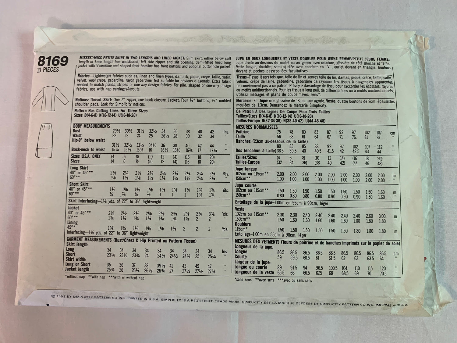 Simplicity Sewing Pattern 8169 Misses'/Miss Petite Skirt, Lined Jacket, Semi-Fitted, Side Zipper, Pocket, Long Sleeves, Size 10-14, Uncut, Vintage 1992