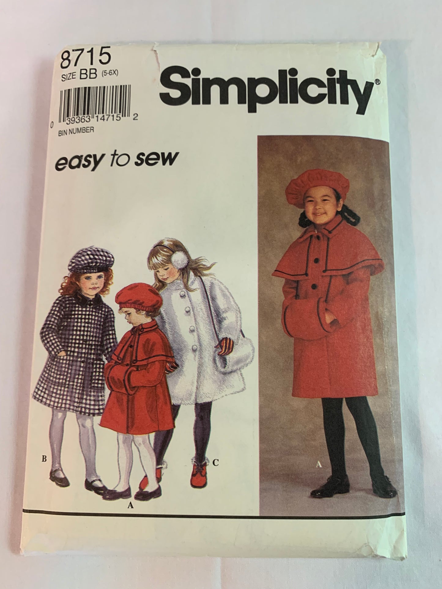 Simplicity Sewing Pattern 8715, Girls' Lined Coat, Muff, Hat, Knee Length, Pockets, Peter Pan Collar, Button Front, Size 5-6X, Uncut, Vintage 1993