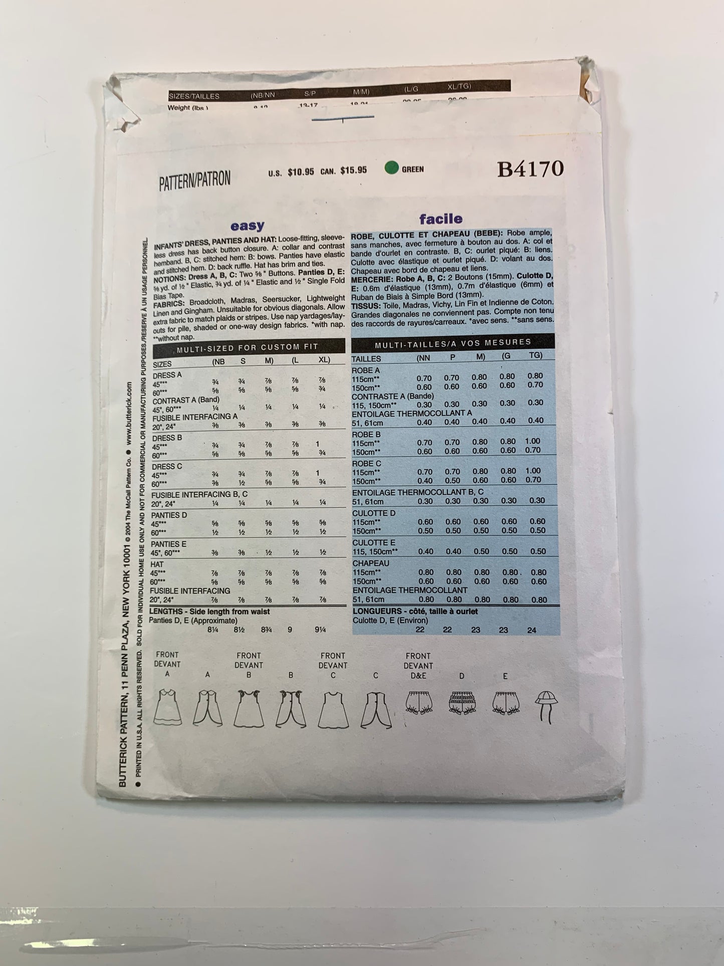 Butterick B4170 Baby/Infant Dress, Panties, Hat, Uncut, 2004