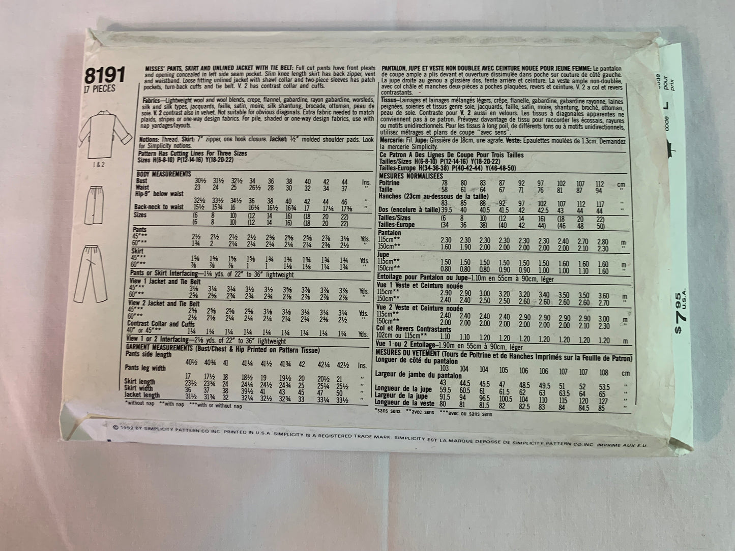 Simplicity Sewing Pattern 8191 Misses' Skirt, Pants, Unlined Jacket, Pleats, Loose-Fitting, Shawl Collar, Tie Belt, Slit, Size 12-16, Uncut, Vintage 1992