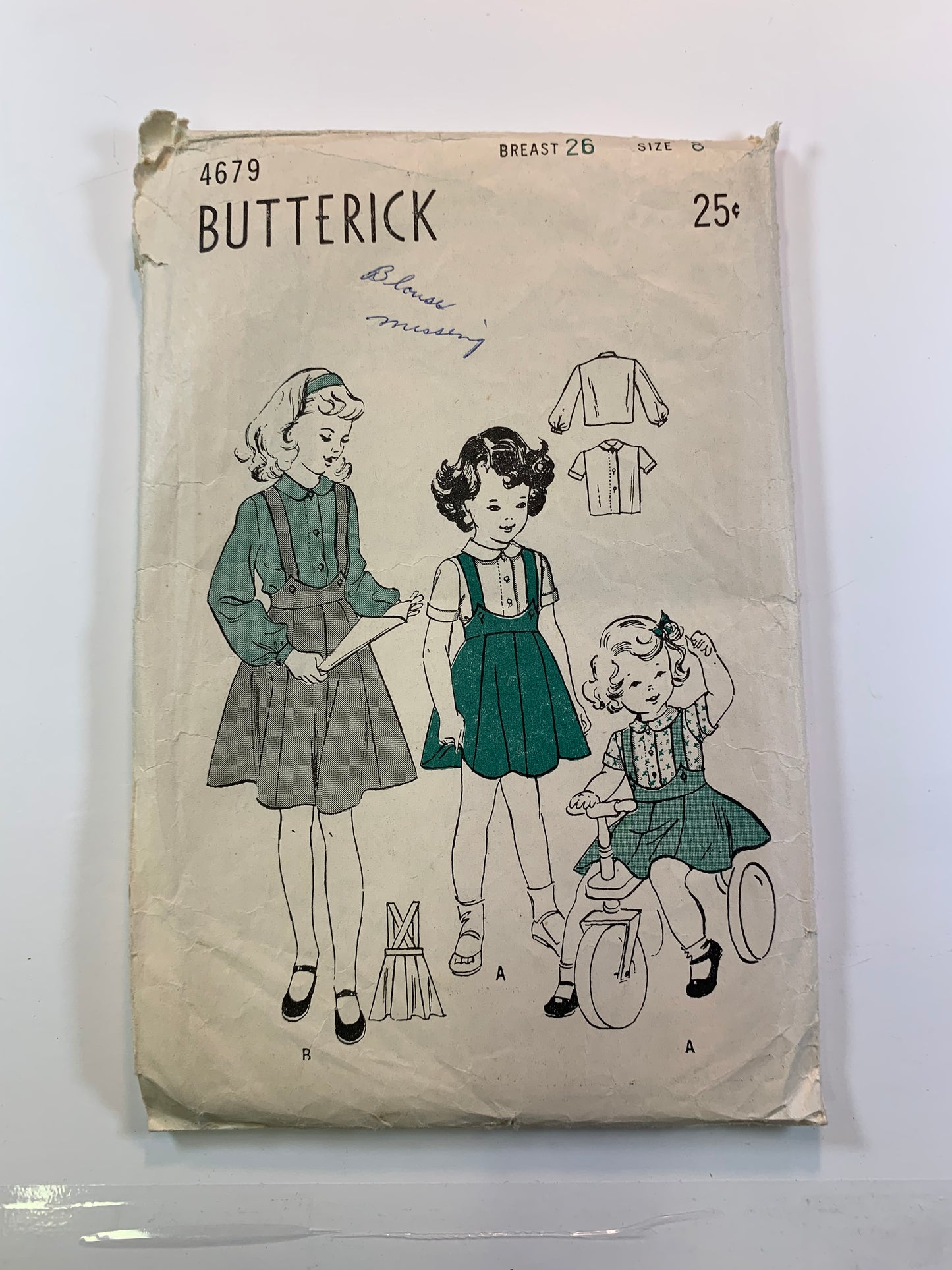 Butterick 4679 Girls' Tops, Skirt, Size 8, Cut, Vintage 1959