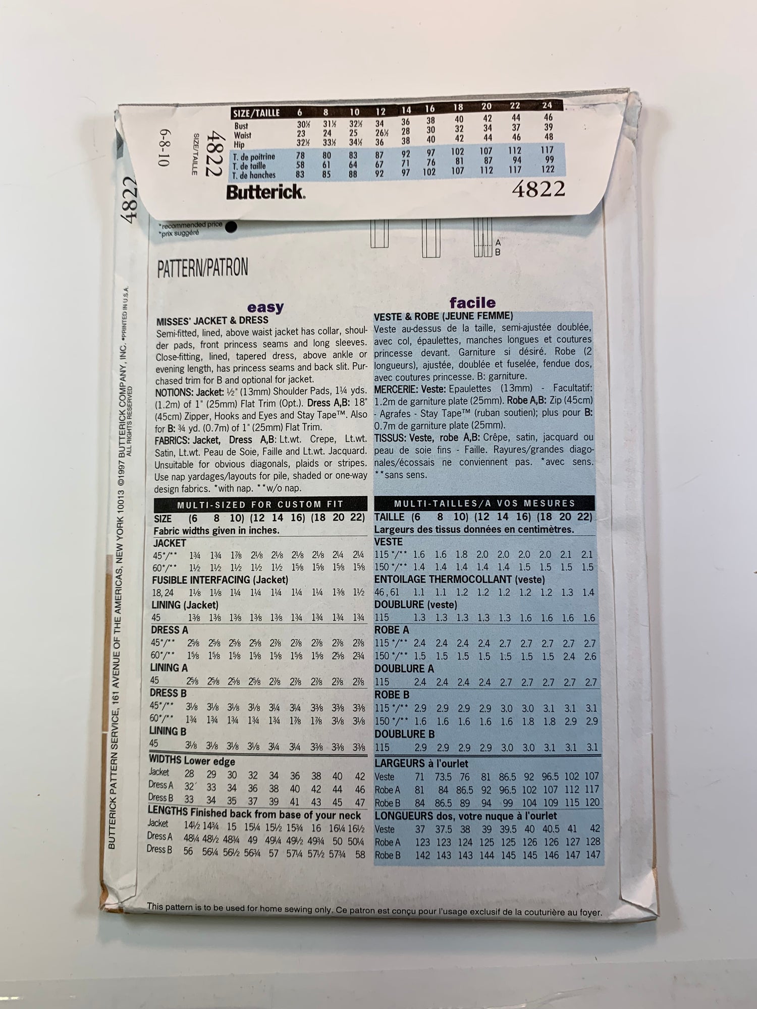 Butterick Sewing Pattern 4822 Misses' Jacket, Semi-Fitted, Lined, Shoulder Pads, Long Sleeves, Sleeveless, Tapered Size 6-10, Uncut, Vintage 1997