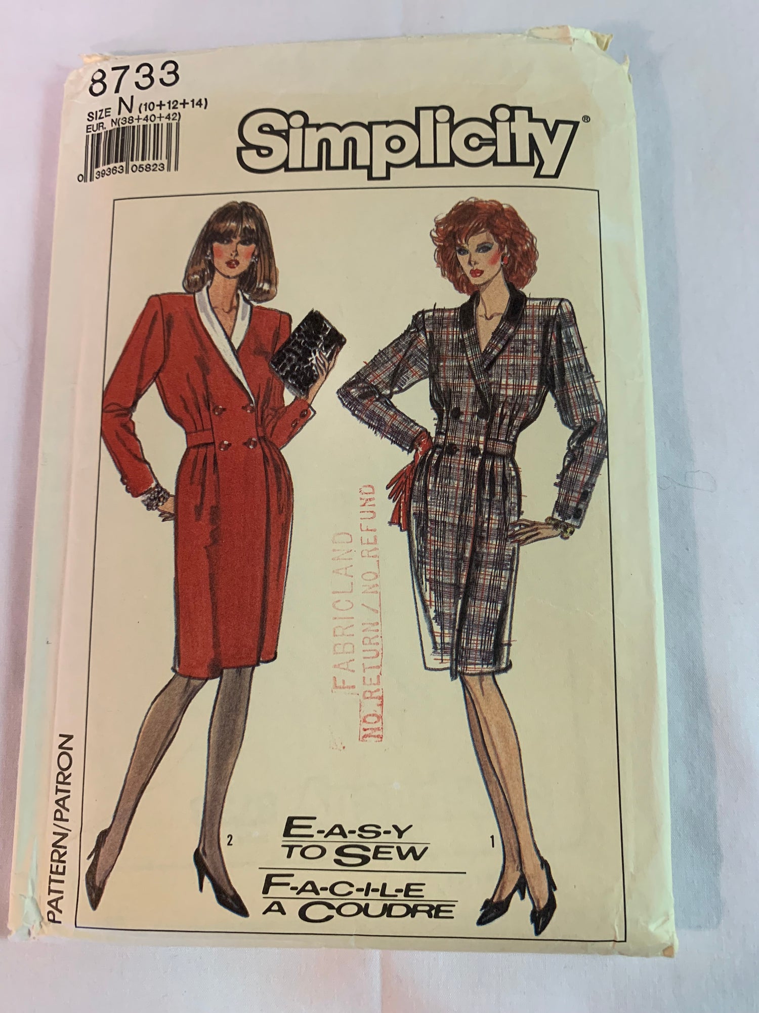 Simplicity Sewing Pattern 8733 Misses' Doube-Breasted Dress, Shawl Collar, Ties, Long Sleeves, Size 10-14, Uncut, Vintage 1989