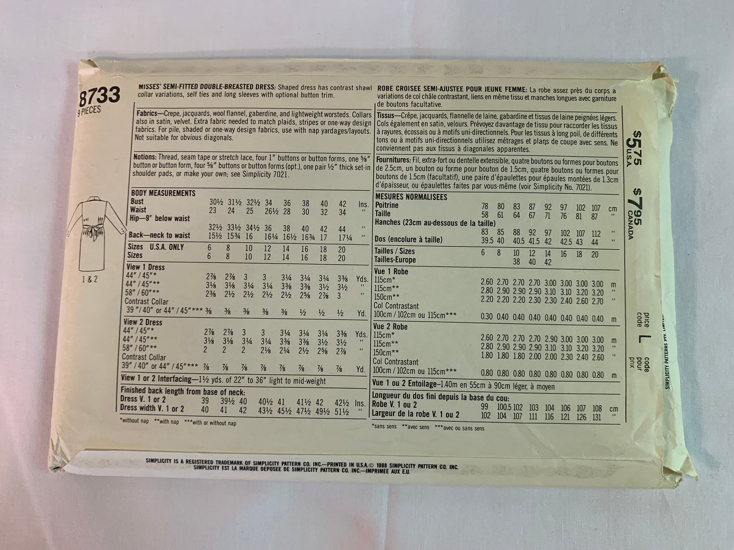 Simplicity Sewing Pattern 8733 Misses' Doube-Breasted Dress, Shawl Collar, Ties, Long Sleeves, Size 10-14, Uncut, Vintage 1989