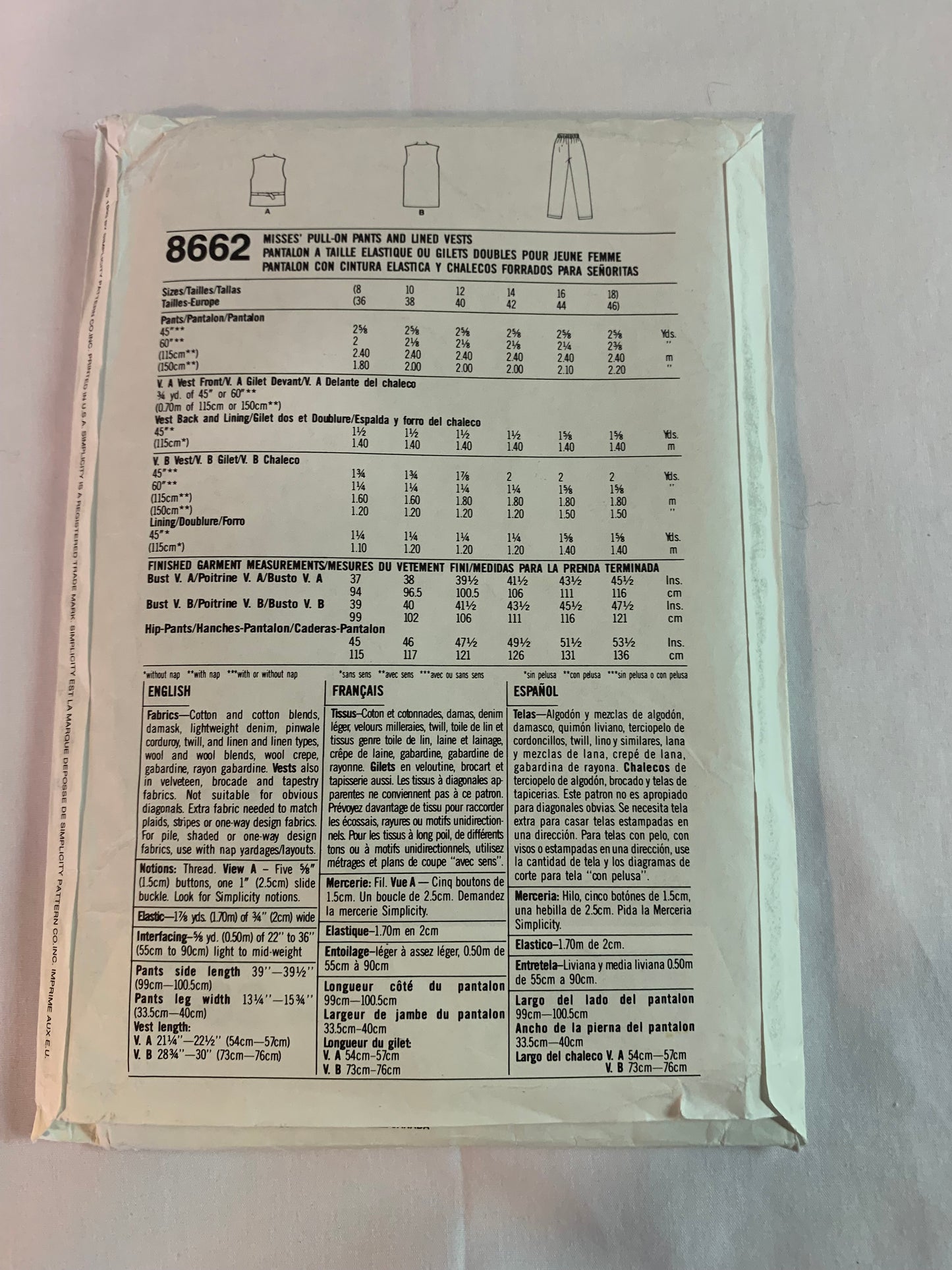 Simplicity Sewing Pattern 8662 Misses' Lined Vests, Pants, Elastic Waist, Pull-On Sleeveless, Tie Back, Size 8-18, Uncut, Vintage 1993