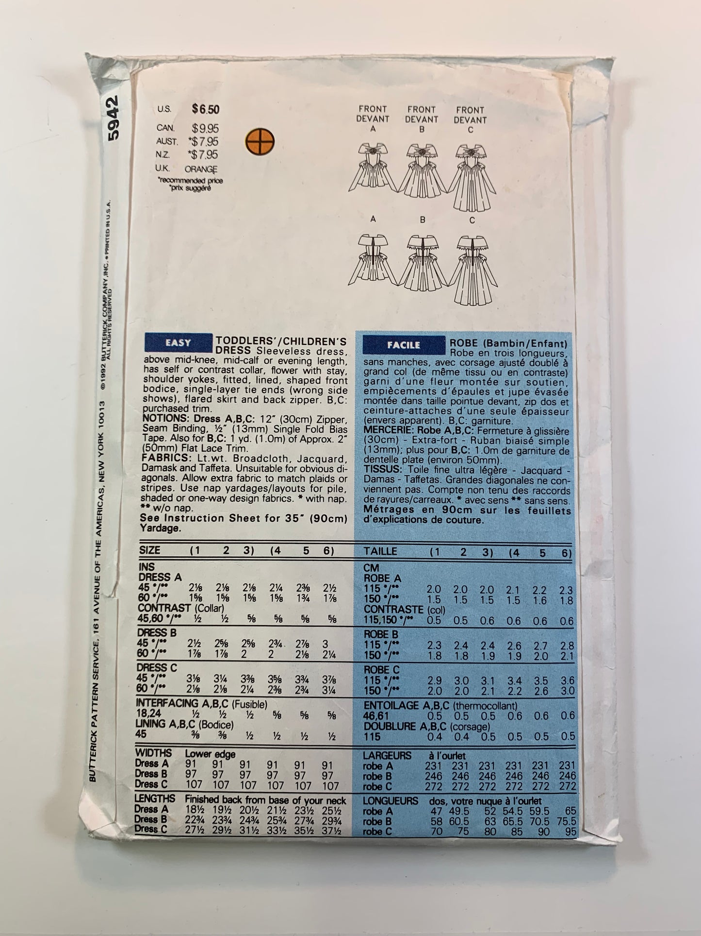 Butterick 5942 Girls' Dress, Size 4-6, Uncut, Vintage 1992