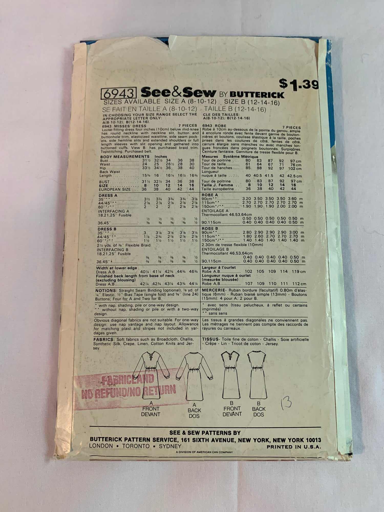 Butterick Sewing Pattern 6943 Misses' Dress, Loose-Fitting, Pockets, Long Sleeves, Sleeveless, Size 8-12, Uncut, Vintage 1980