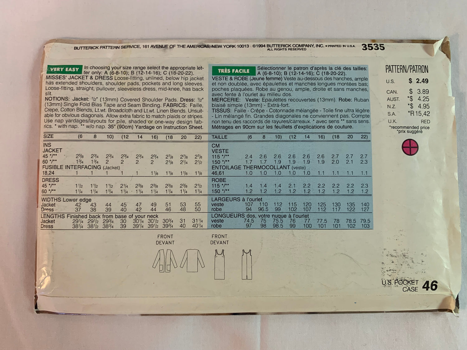 Butterick Sewing Pattern See & Sew 3535 Misses' Jacket, Dress, Shoulder Pads, Loose-Fitting, Long Sleeves, Pockets, Sleeveless, Size 12-16, Uncut, Vintage 1994