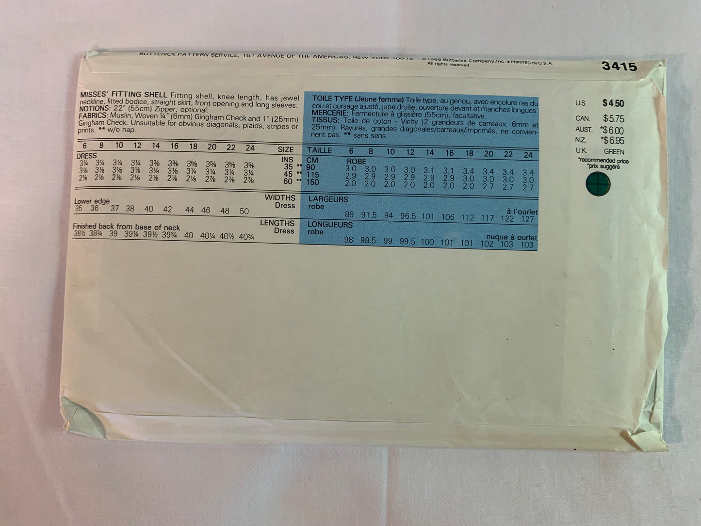 Butterick Sewing Pattern 3415 Misses' Dress, Fitting Shell, Knee Length, Jewel Neckline, Straight Skirt, Zipper Back, Size 12, Uncut, Vintage 1985