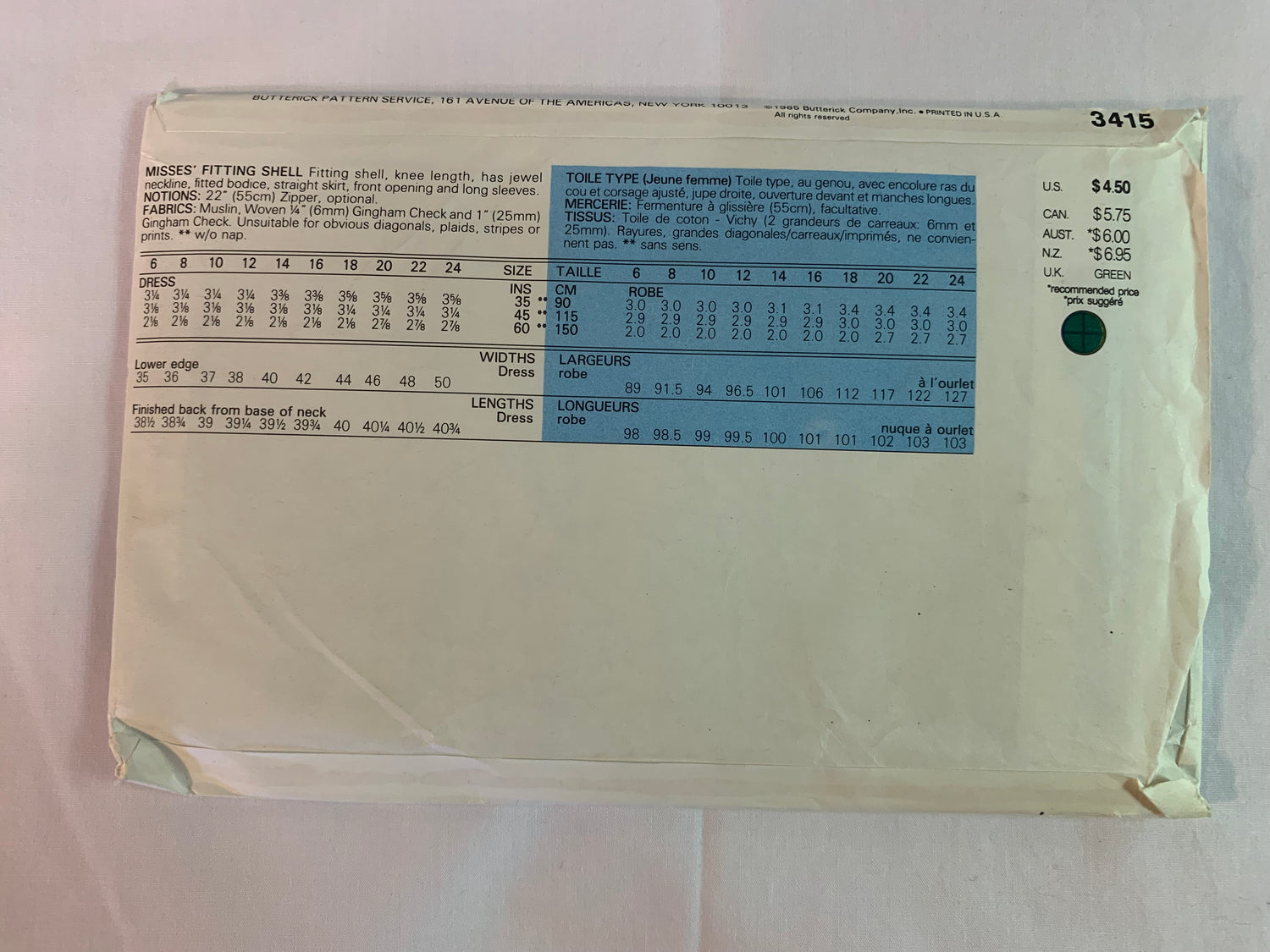 Butterick Sewing Pattern 3415 Misses' Dress, Fitting Shell, Knee Length, Jewel Neckline, Straight Skirt, Zipper Back, Size 12, Uncut, Vintage 1985